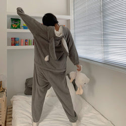 Kawaii Bunny Ears Hooded One Piece Pajamas – Fluffy Fleece Loungewear Jumpsuit for Women