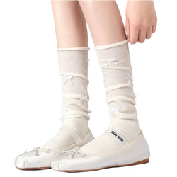 Kawaii Ballet Style Bow Socks 3 Pairs Cotton Thin Summer Slouchy Crew Socks for Girls