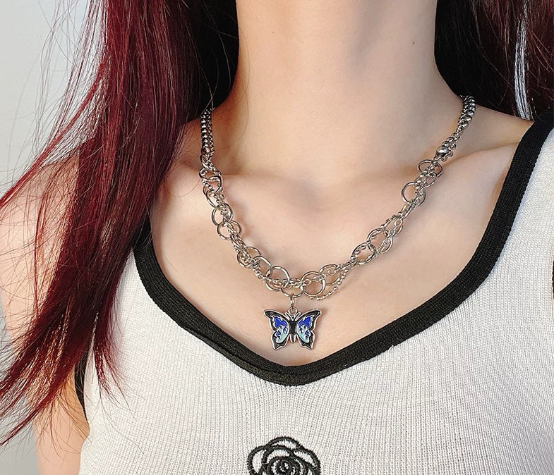 Minimalist Irregular Gothic Butterfly Chain Necklace Safety Pins Punk Emo Layered Choker Futuristic Silver Statement