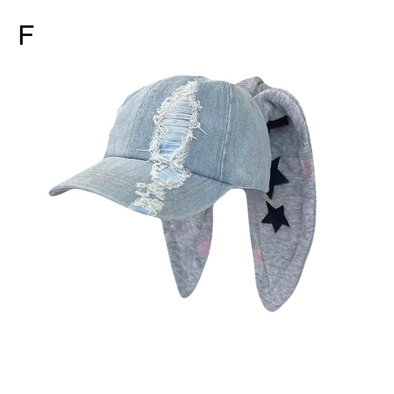 Cute Streetwear Bunny Ear Denim Baseball Cap Washed Graffiti Hip Hop Style Hat