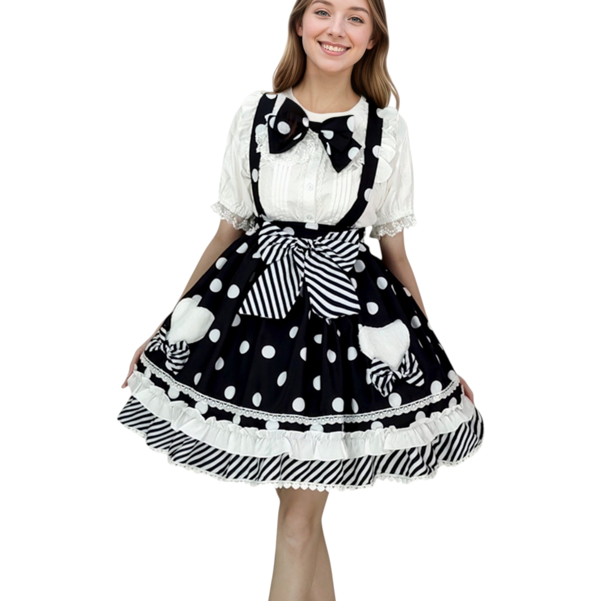 Sweet Polka Dot Lolita Skirt with Heart Pockets and Neck Bow Kawaii A-Line Ruffle Mini Skirt for Girls