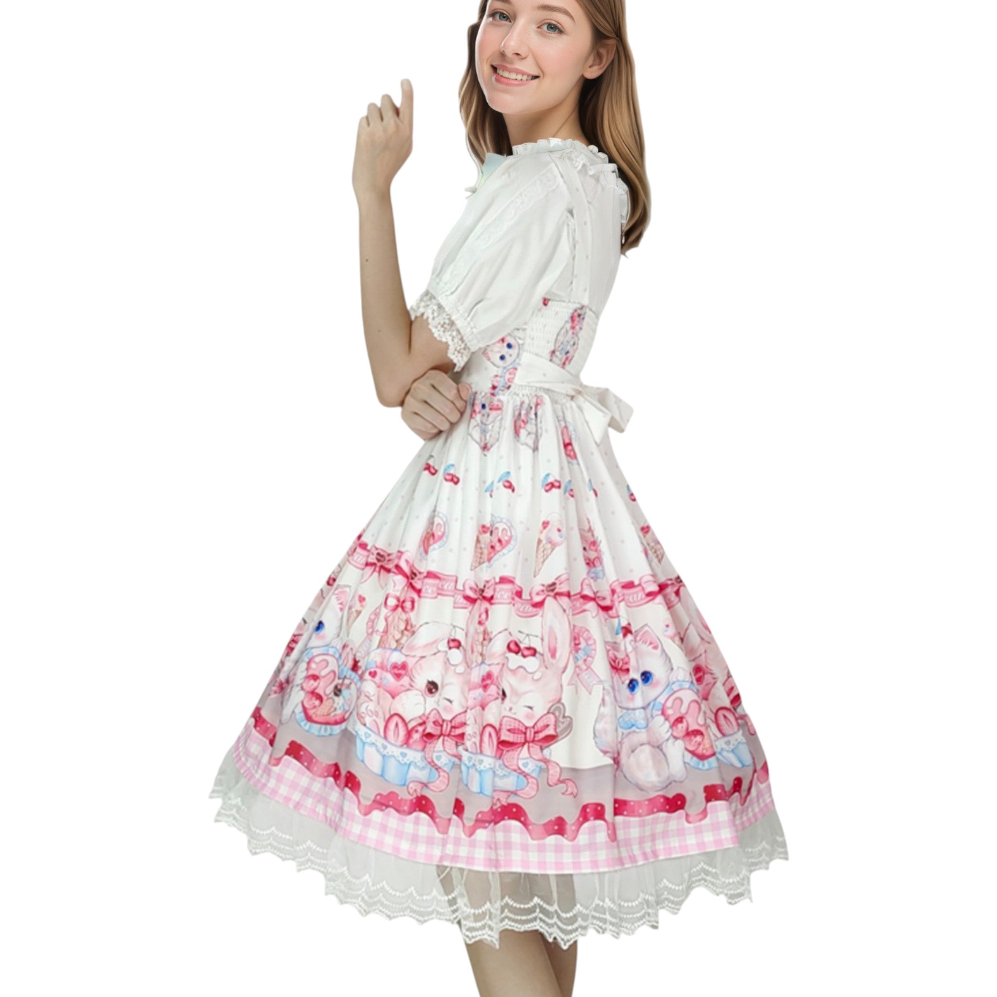 Kawaii Pink Kitty Print Lolita Dress with Lace Hem and Bow Sweet Short Sleeve JSK