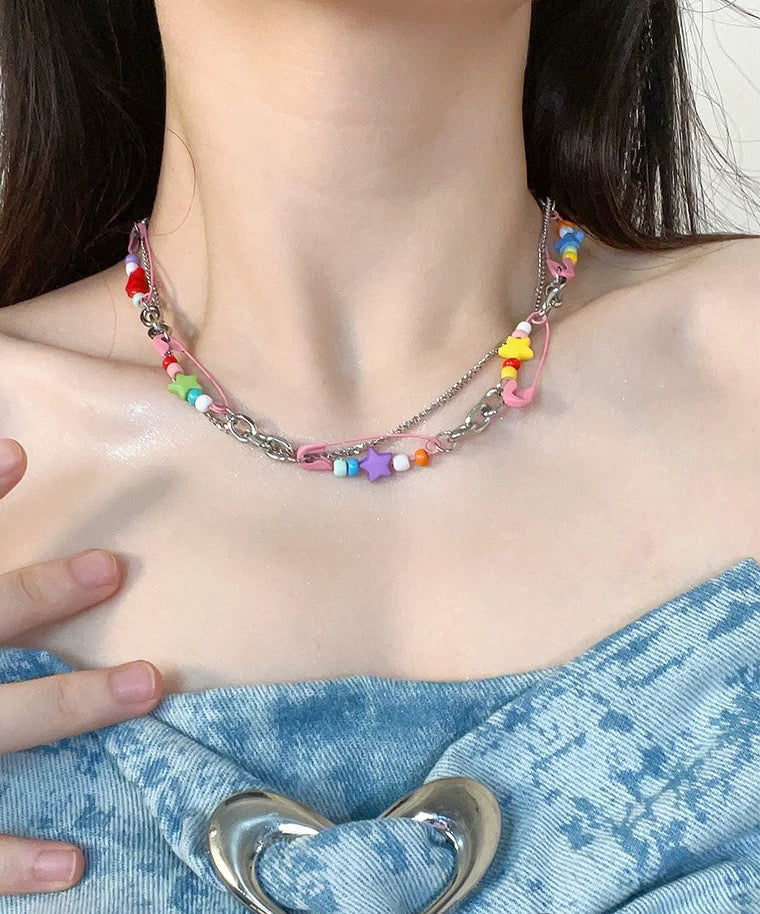 Kawaii Black Cat Rainbow Star Necklace Colorful Y2K Statement Jewelry Harajuku Style Layered Chain
