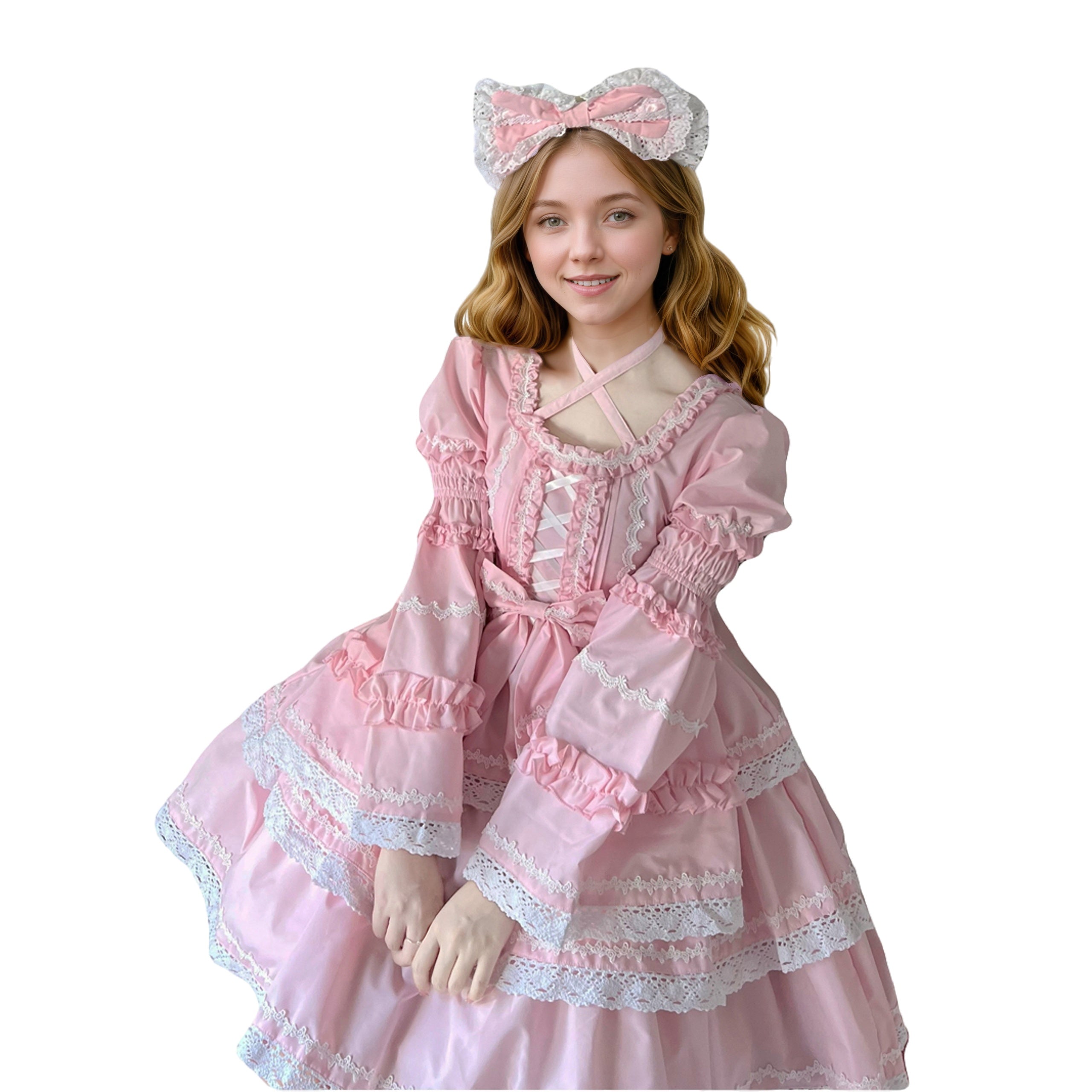 Sweet Pink Lolita Dress Detachable Sleeves Lace Ruffle Tiered Princess JSK Cosplay Dress