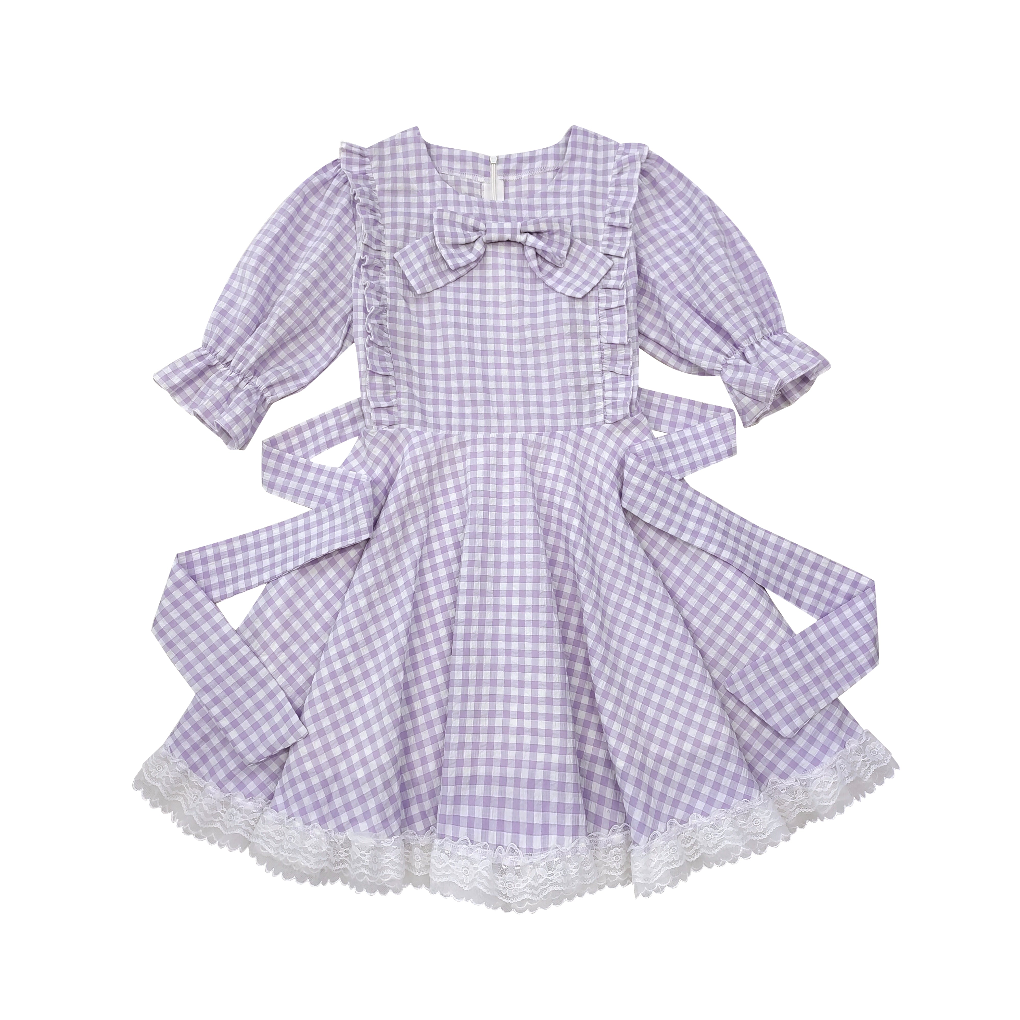 High-waist gingham dress with puff sleeves and vintage flair bow tie dress