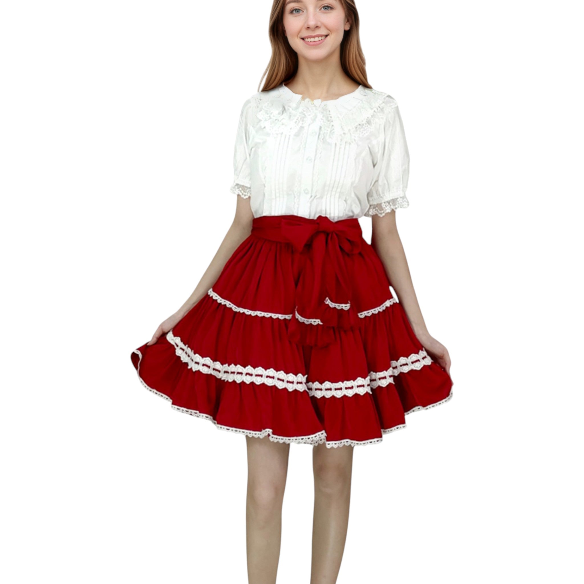 Red Lolita mini skirt with white lace trim and elastic waist, kawaii Japanese style.