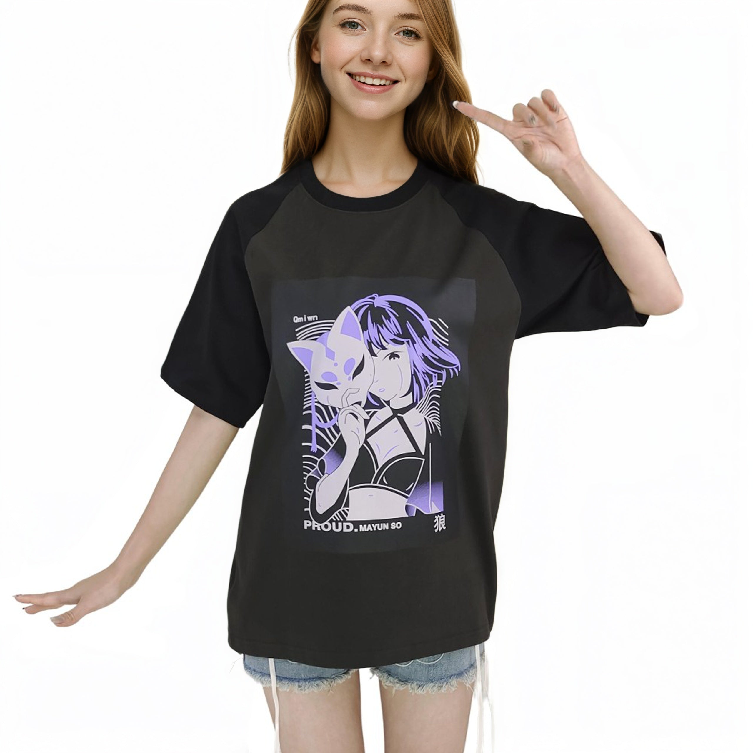Anime Girl Graphic T-Shirt Oversized Japanese Streetwear Style Fox Mask Tops Black