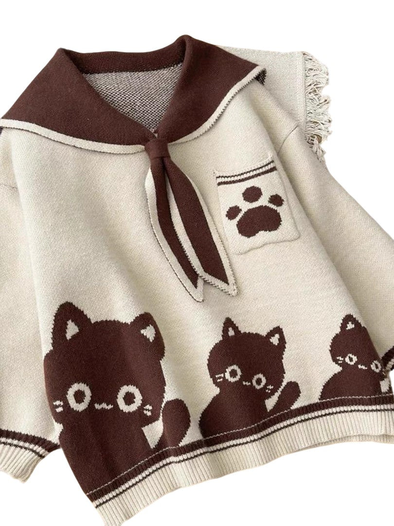 Kawaii Cat Sailor Collar Sweater for Women Harajuku Loose Pullover Knit Top