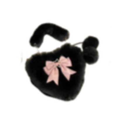 Cute Furry Heart Shoulder Bag with Bow and Star Charm Soft Plush Lolita Style Handbag