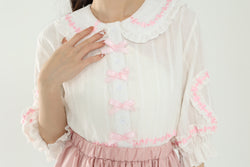 Kawaii Half Sleeve White Shirt Women With Heart Pattern Bow Button Doll Collar Streak Tops
