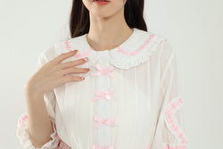 Kawaii Half Sleeve White Shirt Women With Heart Pattern Bow Button Doll Collar Streak Tops