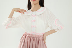 Kawaii Half Sleeve White Shirt Women With Heart Pattern Bow Button Doll Collar Streak Tops