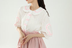 Kawaii Half Sleeve White Shirt Women With Heart Pattern Bow Button Doll Collar Streak Tops