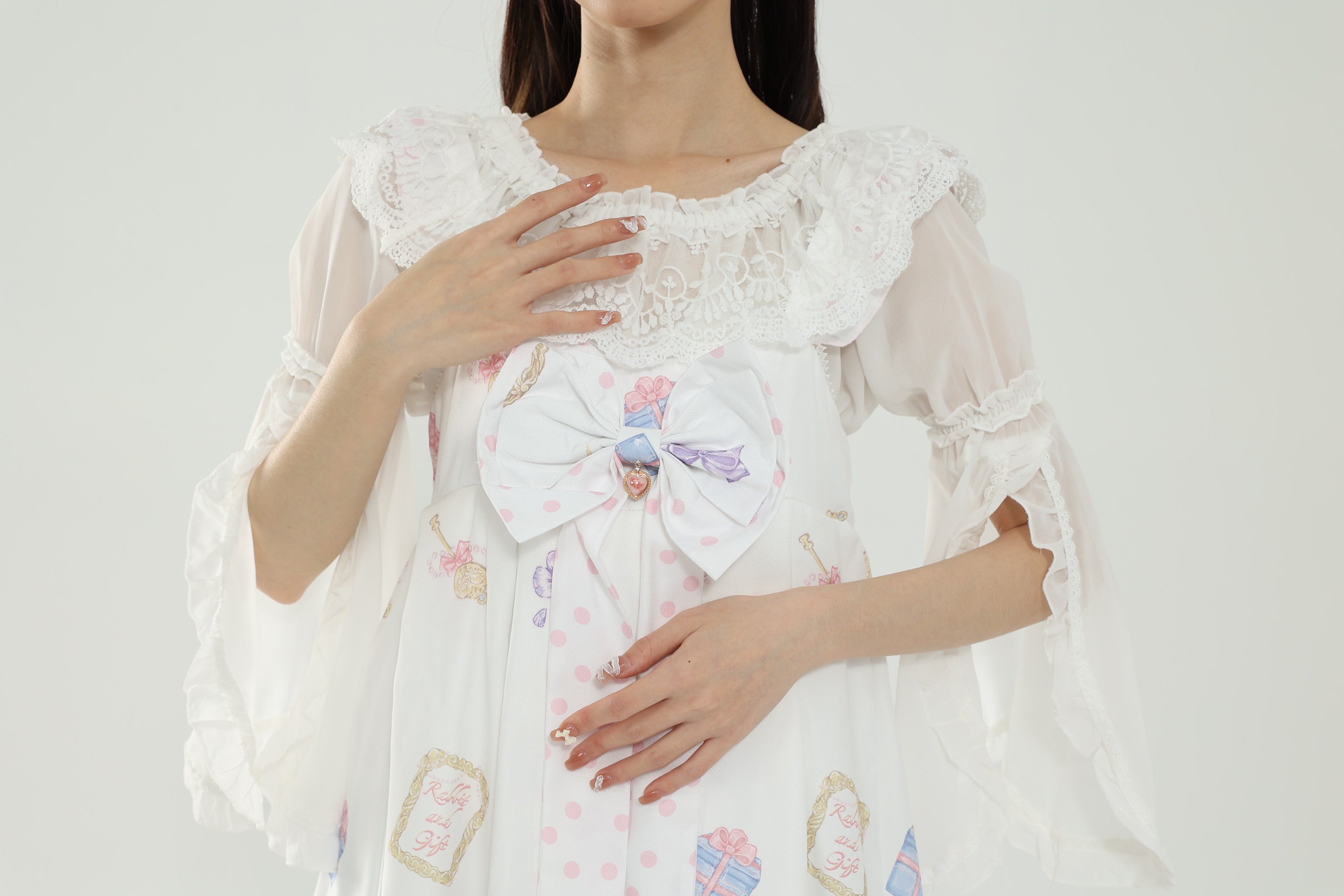 Kawaii Sweet Lolita Rabbit Print Dress Lace Ruffle JSK with Big Bow Pull-On Princess Dress for Girls