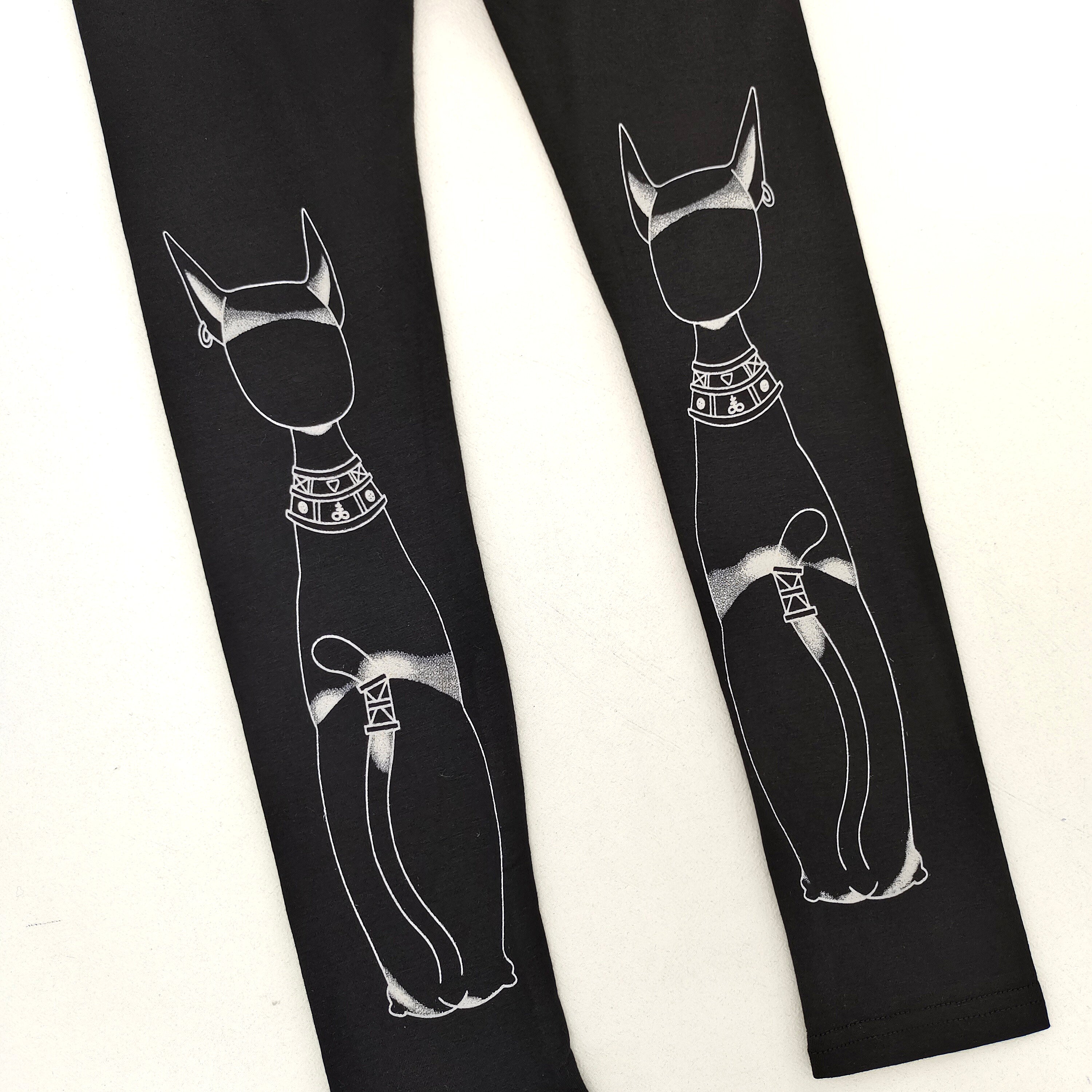 Men Women Gothic Streetwear Black Layered Shorts with Cat Print Leggings Egyptian Style