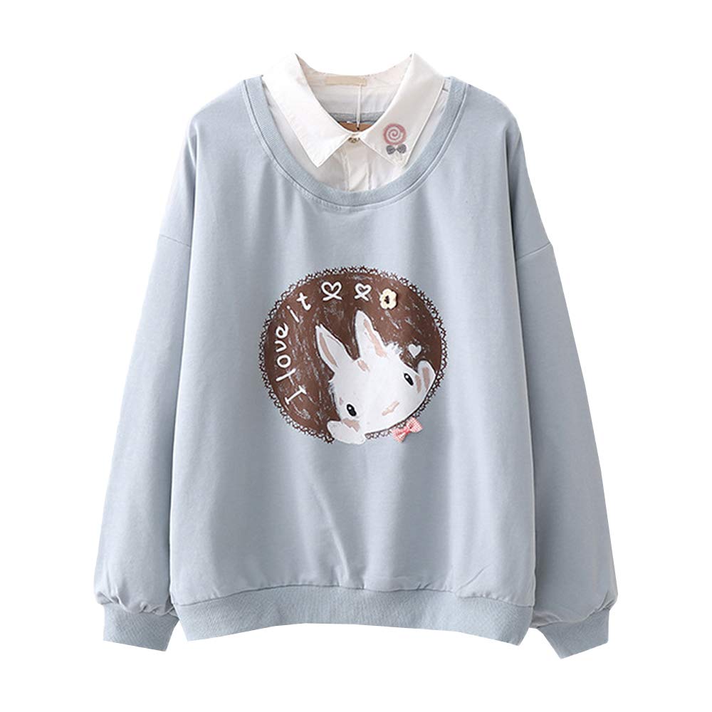 Light blue sweatshirt for women with cute bunny print and white layered collar