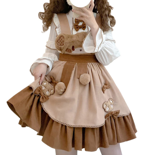 Brown Soft Comfy Suspender Flare Skirt for Girl Costume Dressing with Big Bow
