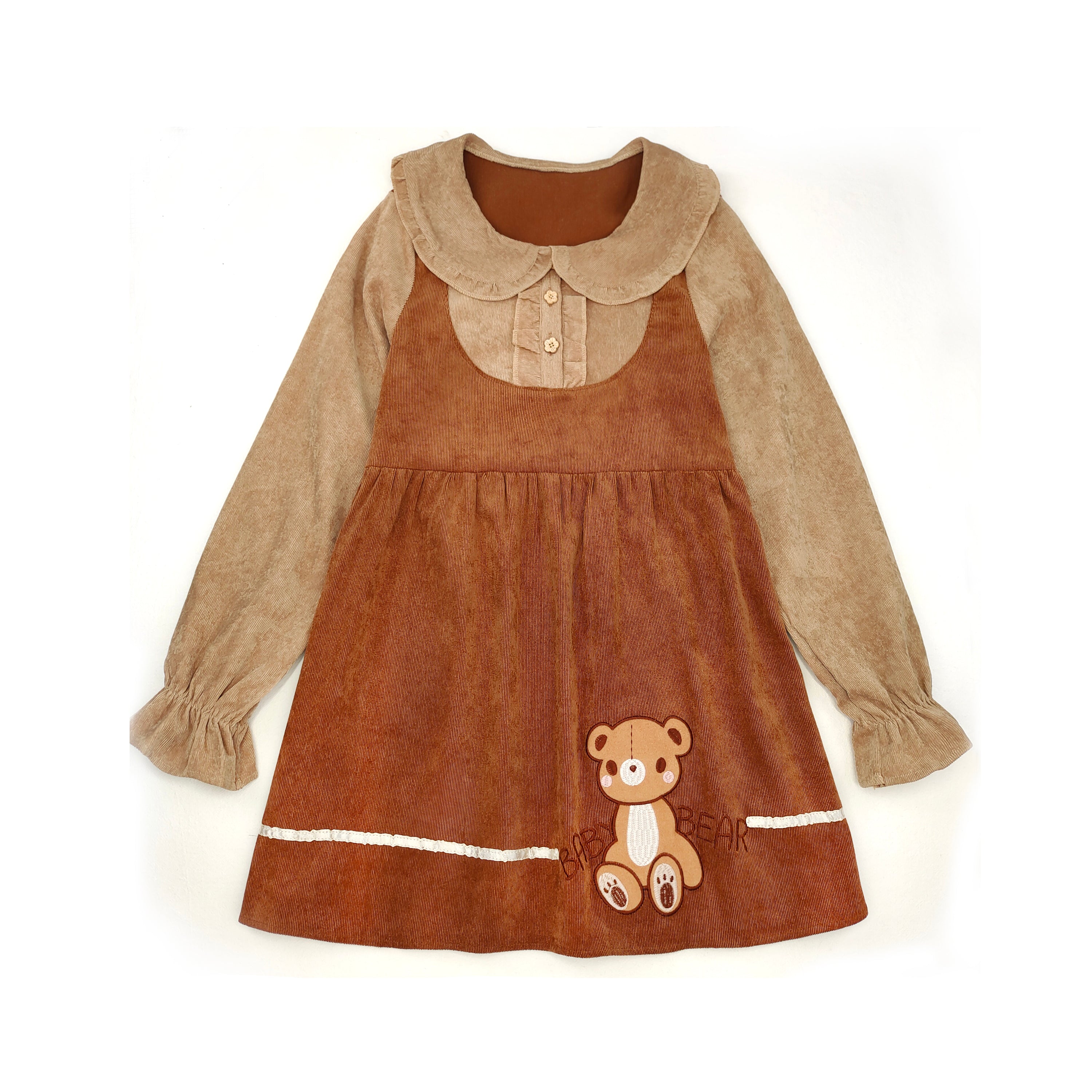 Brown corduroy dress with teddy bear embroidery and long sleeves