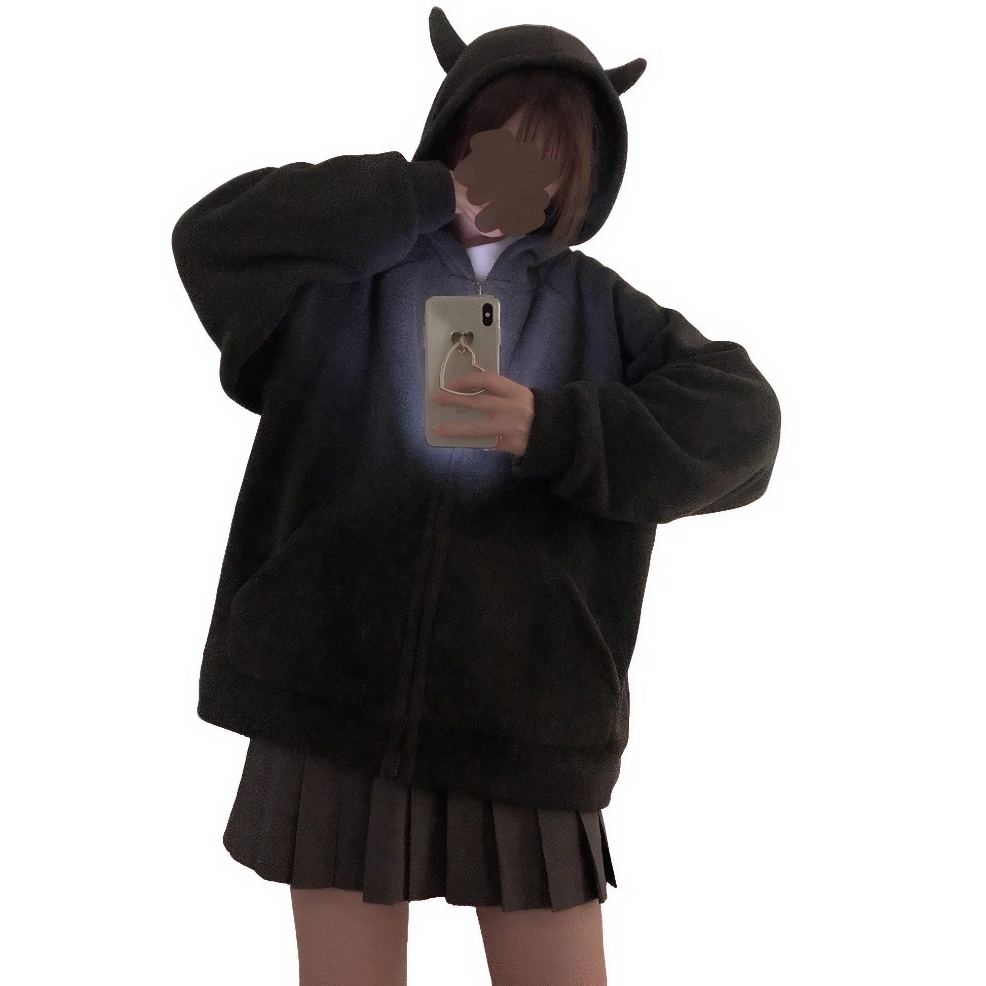 Front view of black devil horn hoodie – oversized zip-up fleece jacket