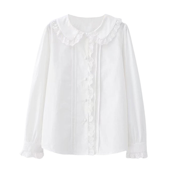 Vintage Inspired Lace Blouse Cute Peter Pan Collar Shirt for Girls White Shirt