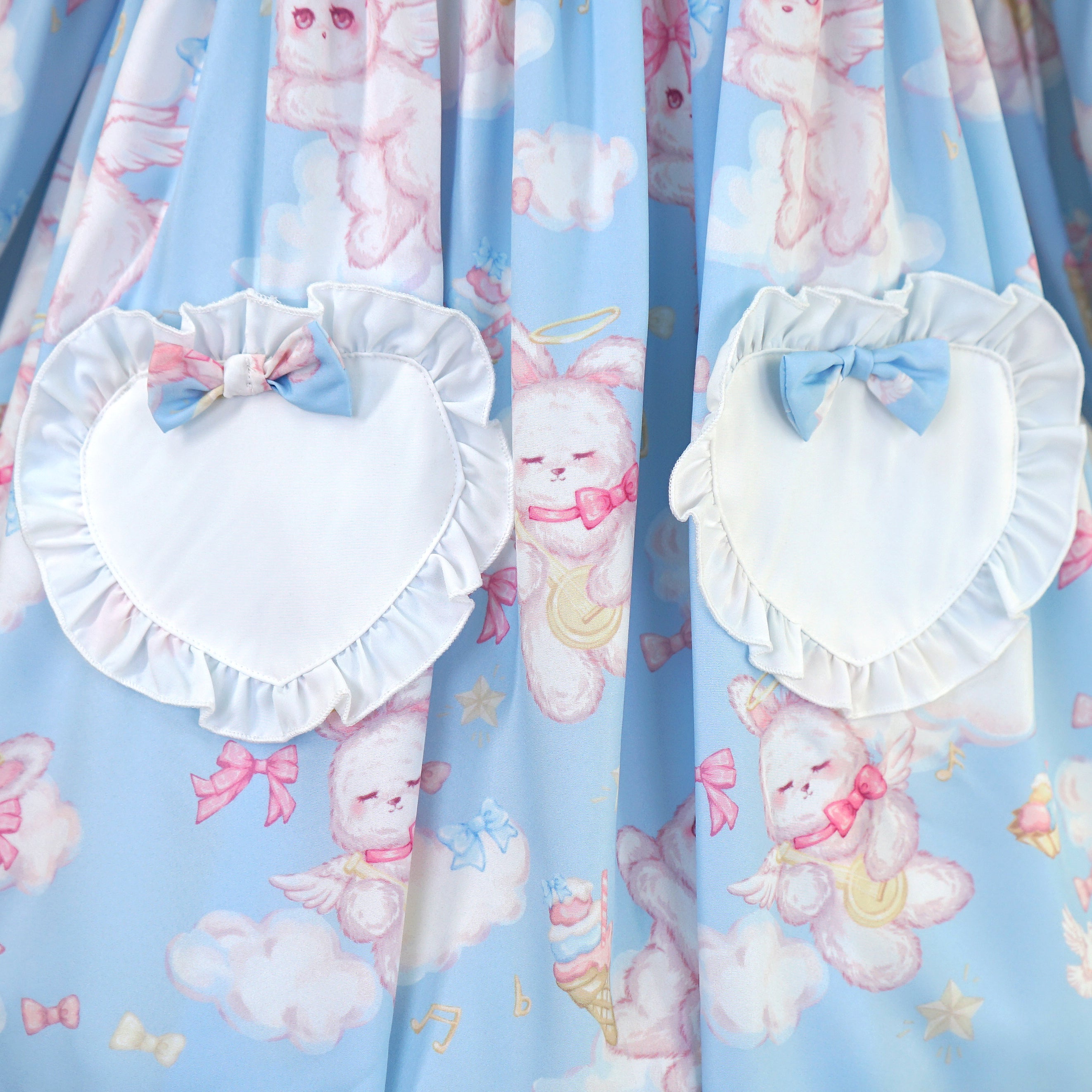 Cute Ladies Pleated Dresses Puff Sleeve Animal Printed Heart Pocket Button Pink/Blue