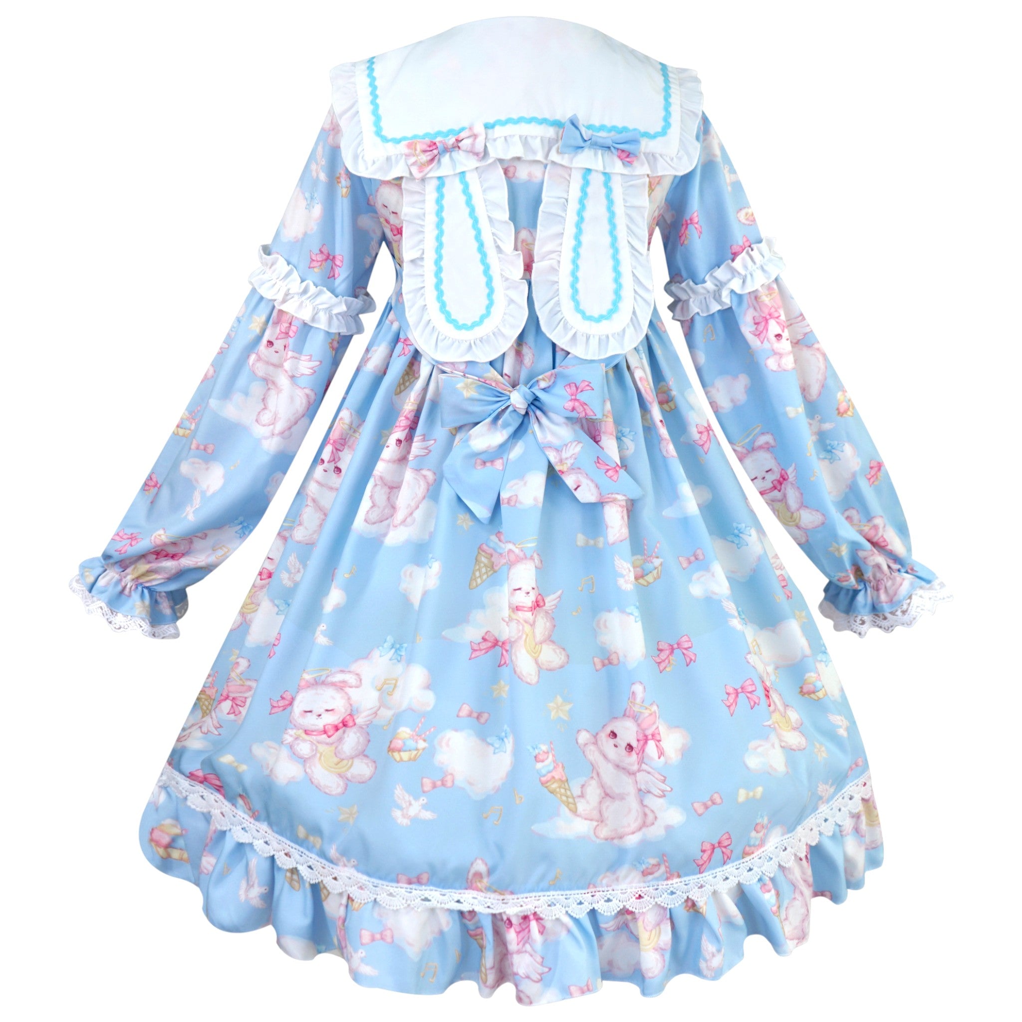 Cute Ladies Pleated Dresses Puff Sleeve Animal Printed Heart Pocket Button Pink/Blue