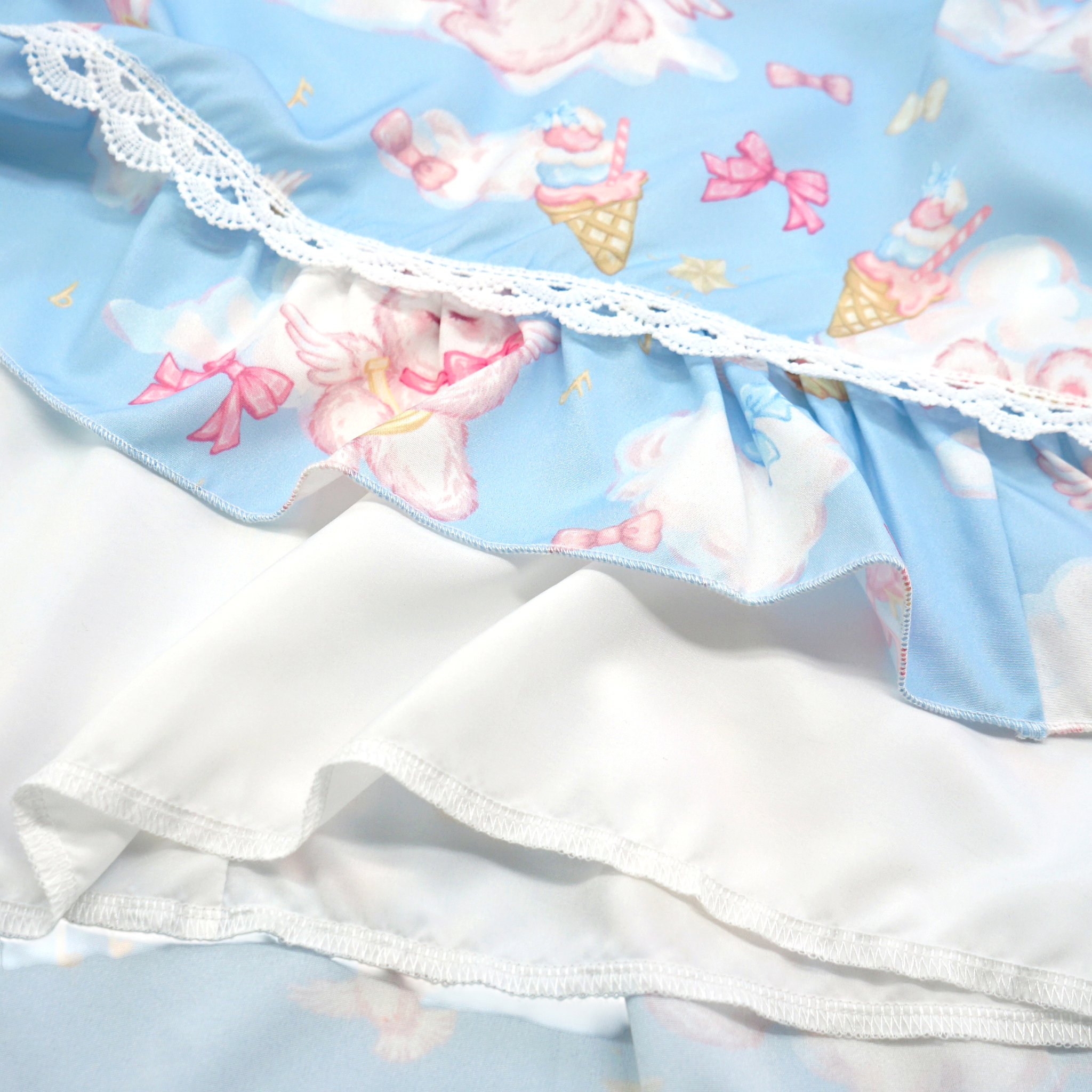 Cute Ladies Pleated Dresses Puff Sleeve Animal Printed Heart Pocket Button Pink/Blue