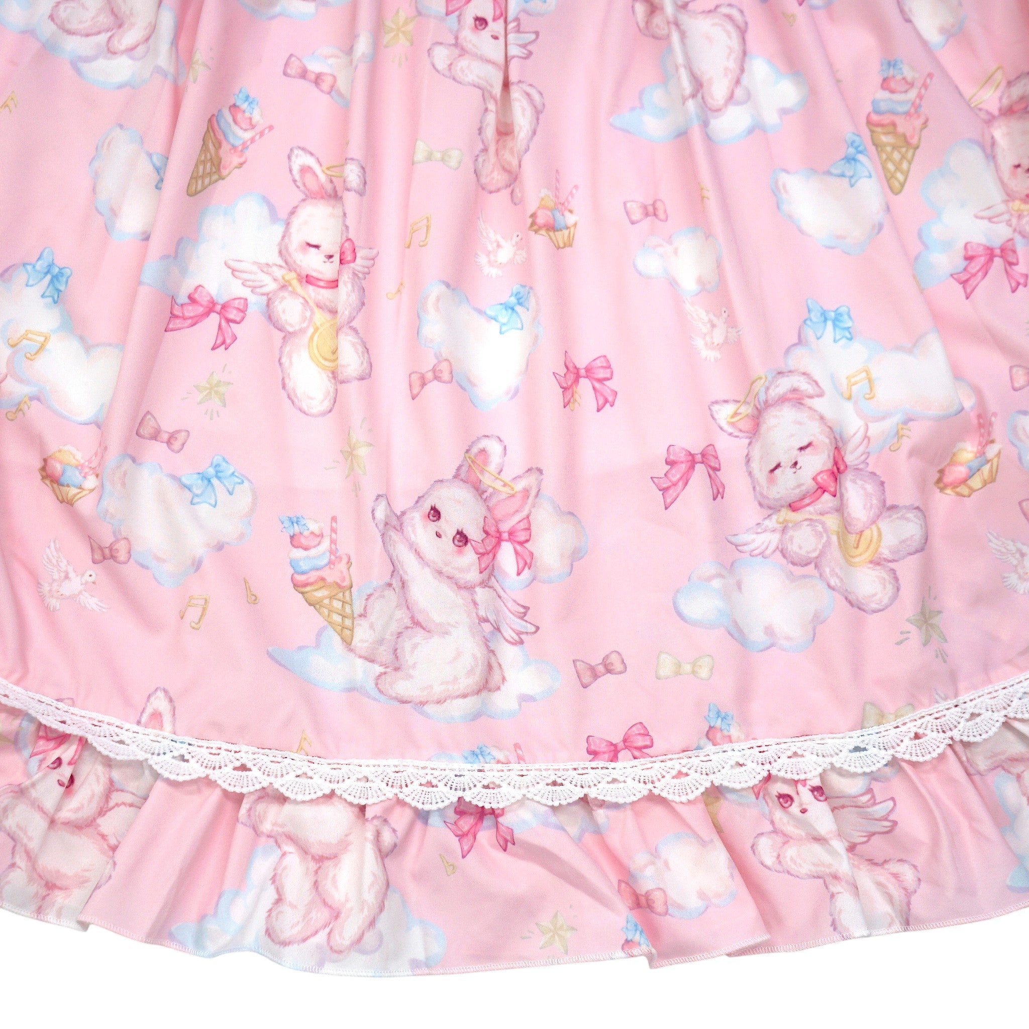 Cute Ladies Pleated Dresses Puff Sleeve Animal Printed Heart Pocket Button Pink/Blue