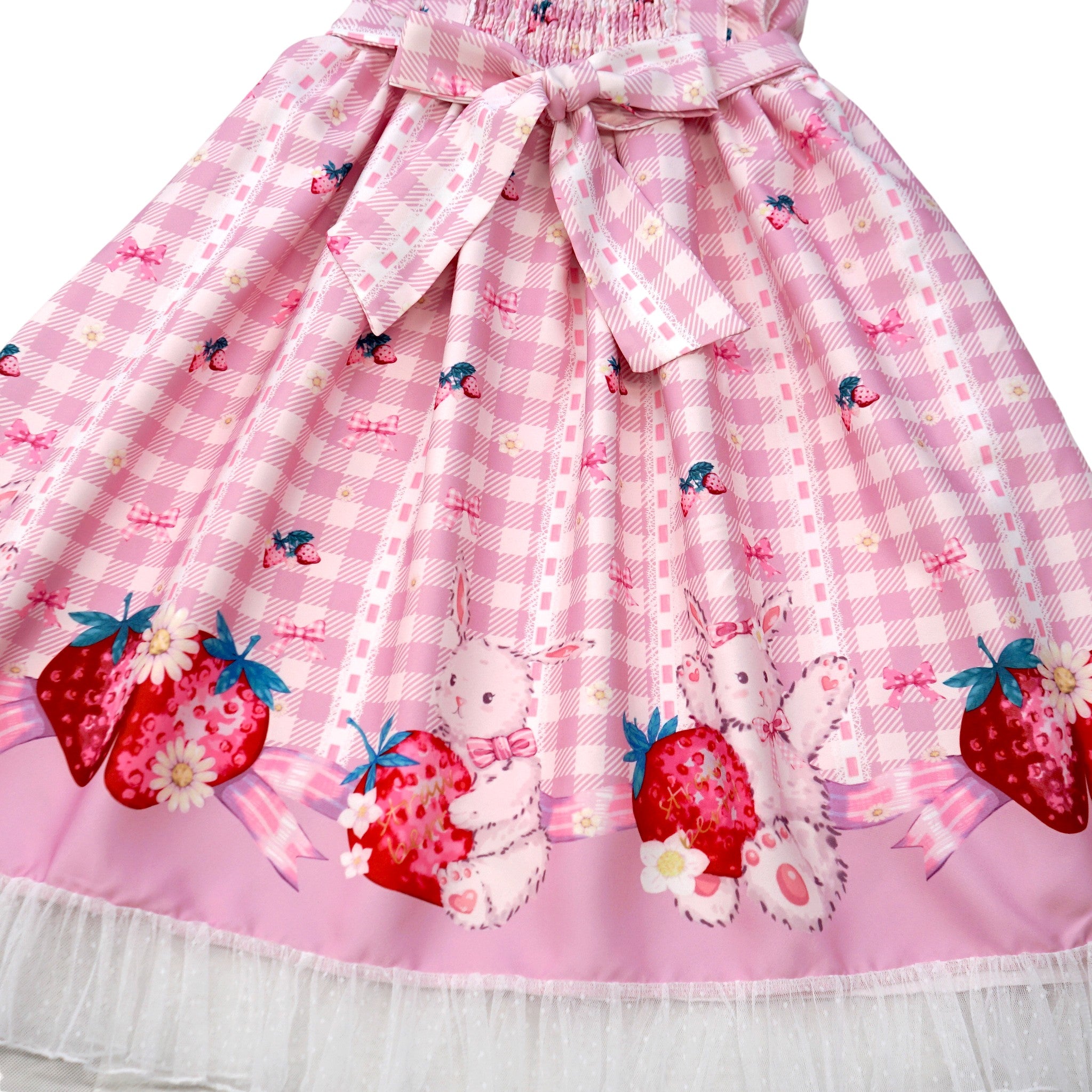 Kawaii Rabbit Strawberry Plaid Lolita JSK Dress with Gingham Print Lace Trim