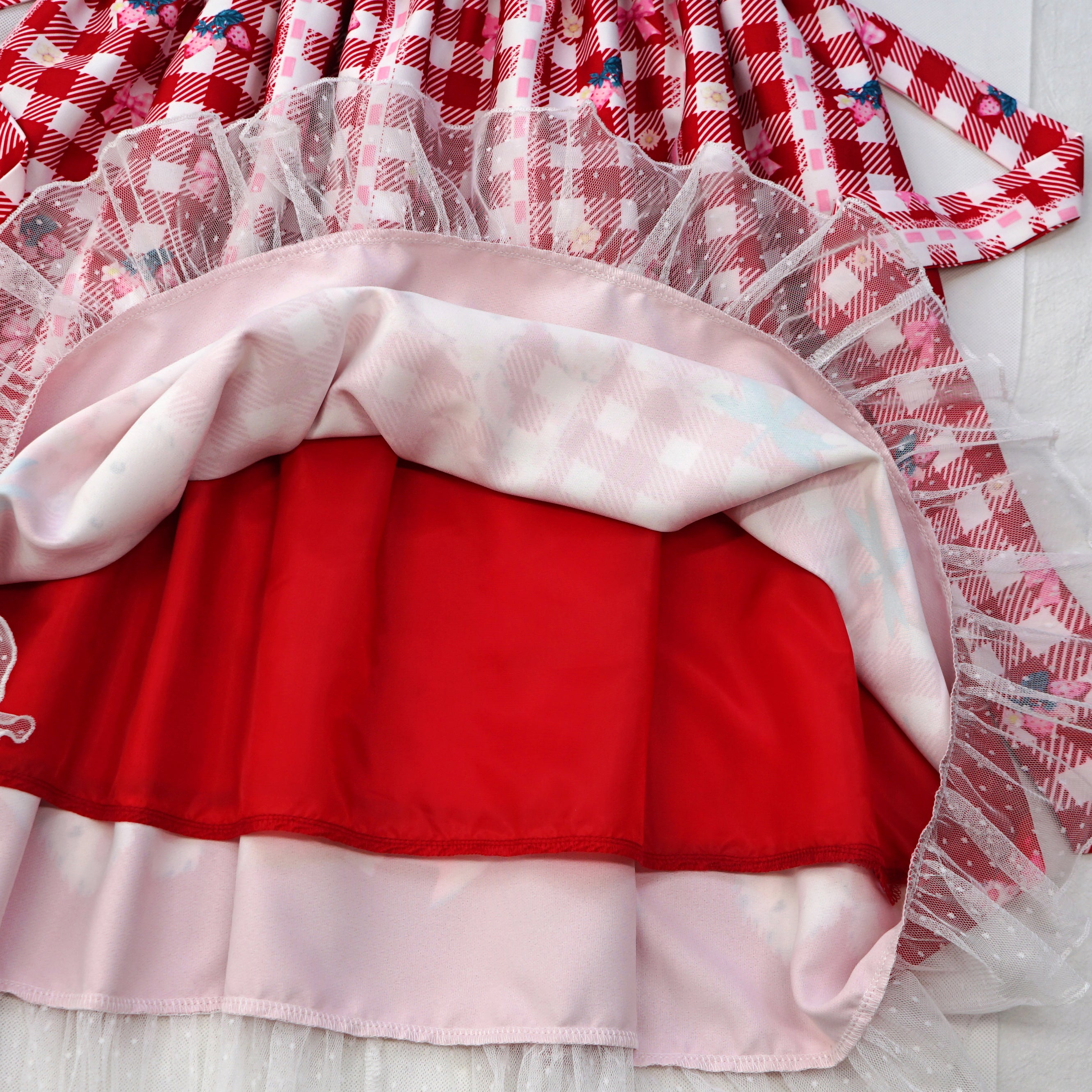 Kawaii Rabbit Strawberry Plaid Lolita JSK Dress with Gingham Print Lace Trim