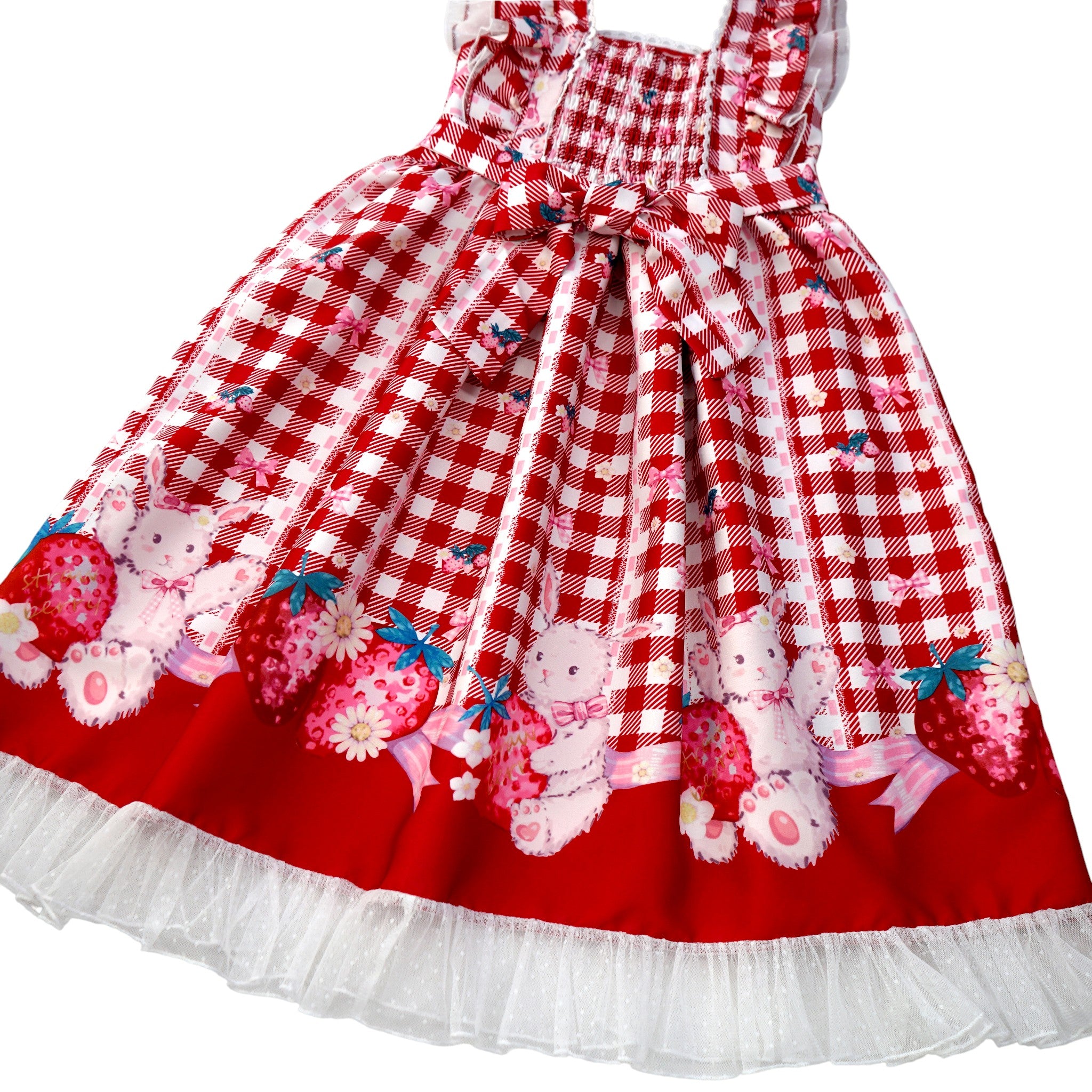 Kawaii Rabbit Strawberry Plaid Lolita JSK Dress with Gingham Print Lace Trim