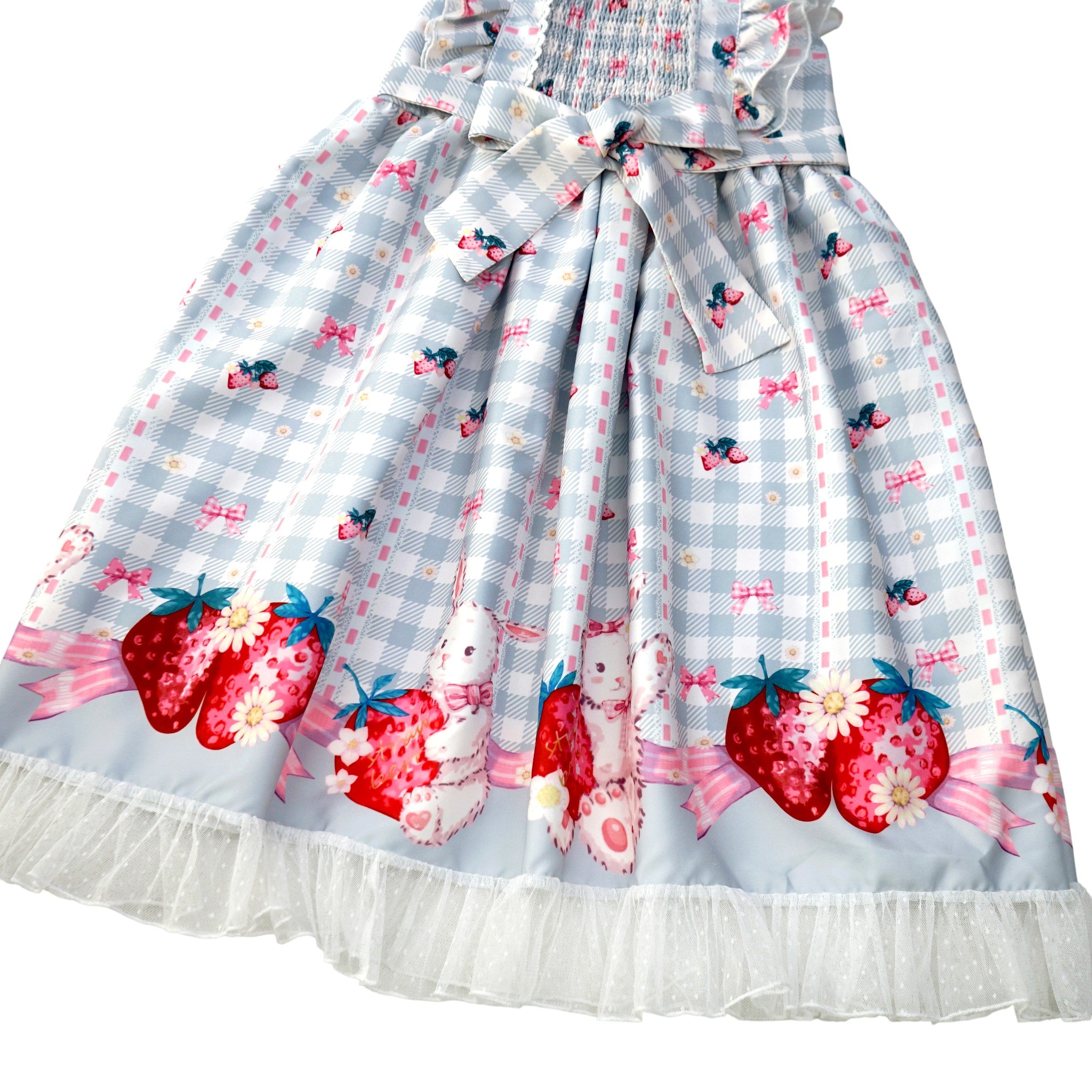 Kawaii Rabbit Strawberry Plaid Lolita JSK Dress with Gingham Print Lace Trim