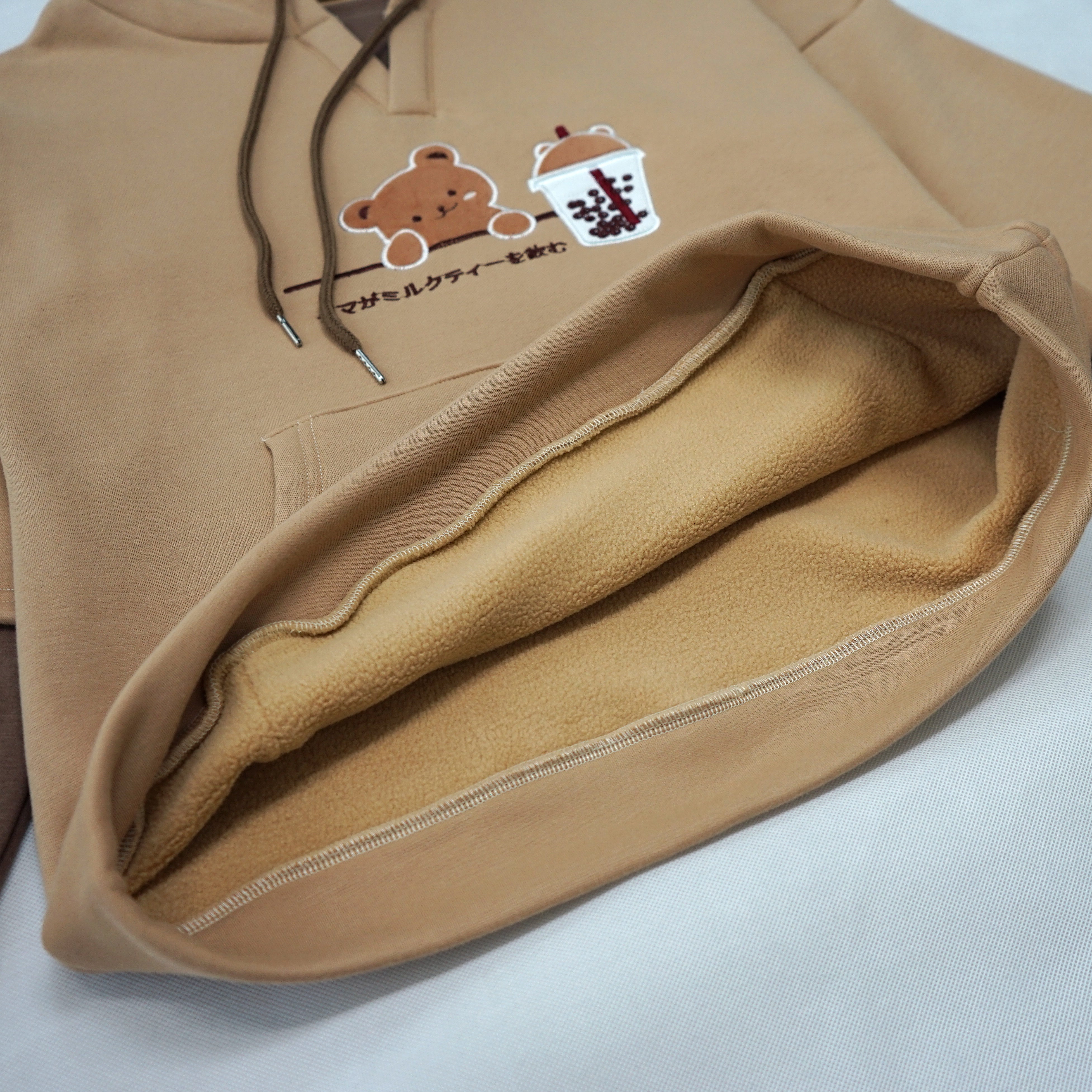 Kawaii Bear Boba Hoodie for Teen Girls Cute Milk Tea Embroidery Pullover Sweatshirt