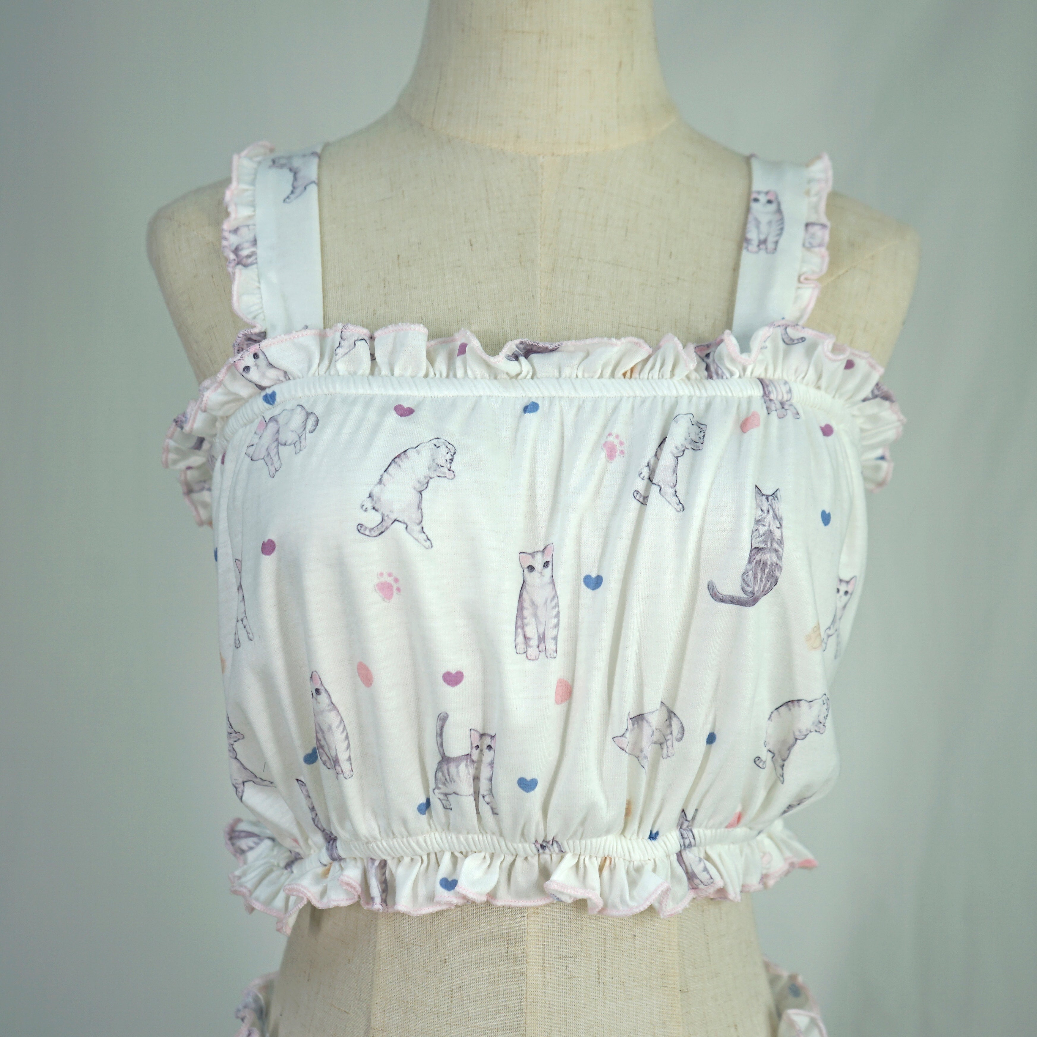Kawaii Cat Print Ruffle Pajama Set – Sleeveless Crop Top & Bloomers Loungewear for Women