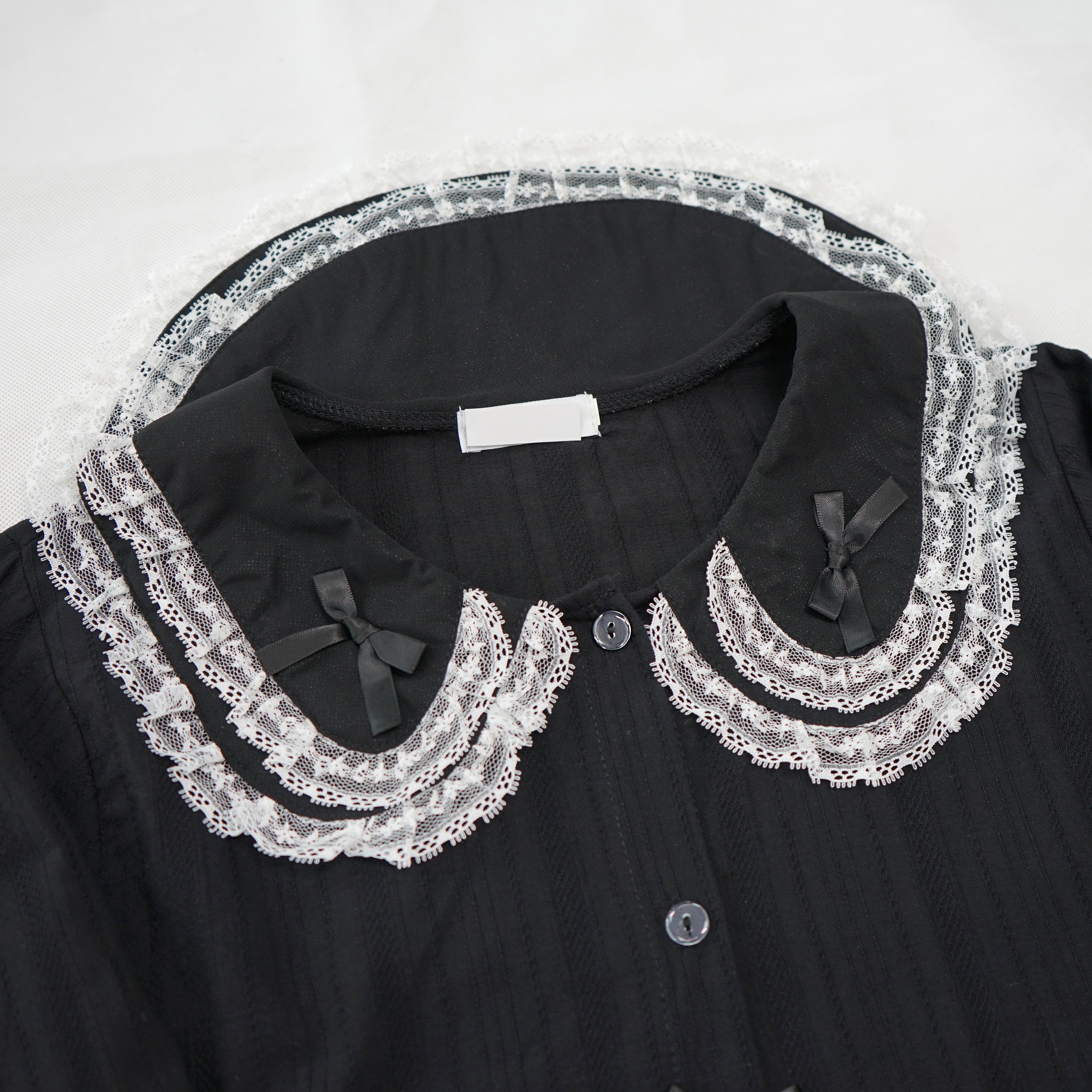 Gothic Lolita Black Blouse with Lace Collar and Bows Vintage Ruffle Long Sleeve Shirt