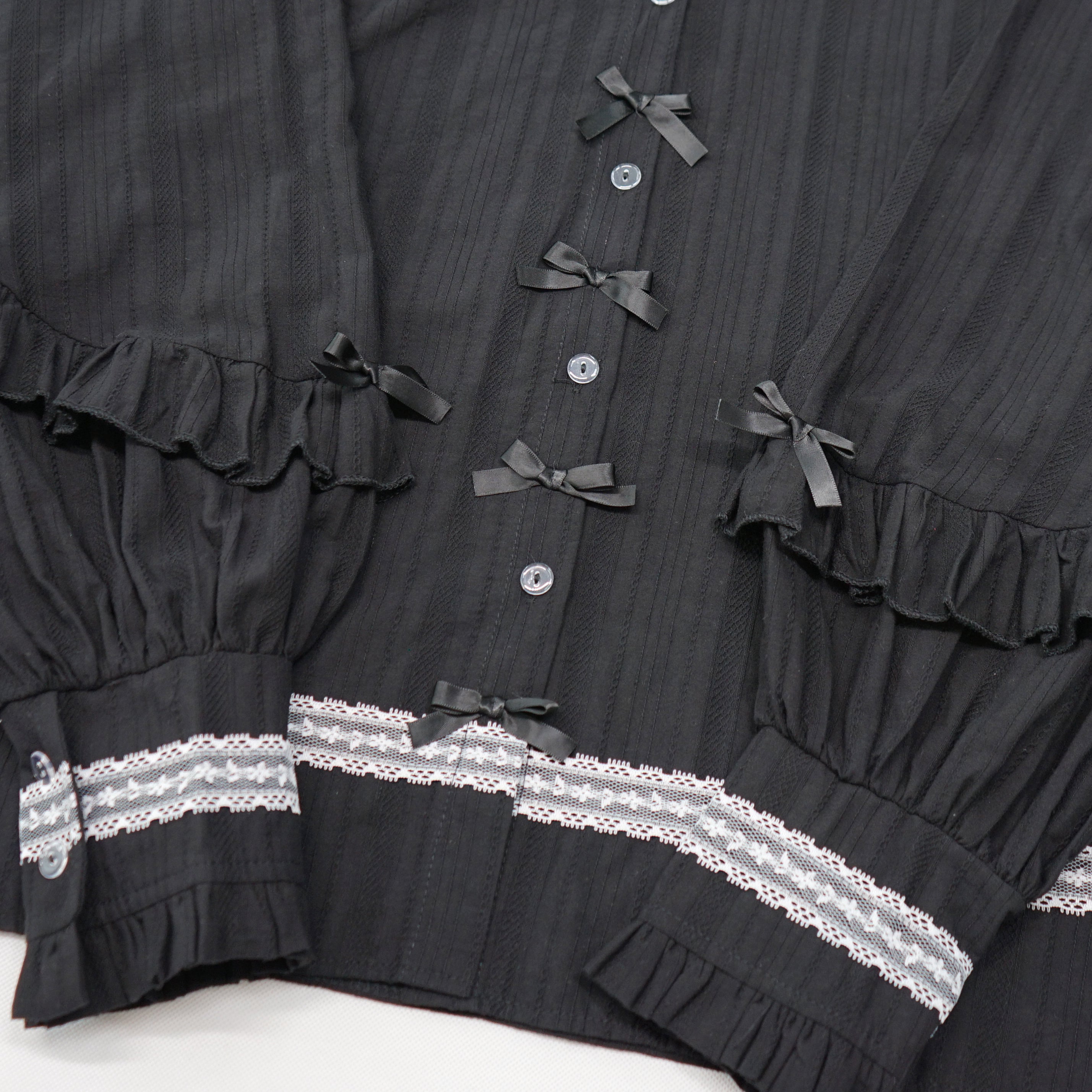 Gothic Lolita Black Blouse with Lace Collar and Bows Vintage Ruffle Long Sleeve Shirt