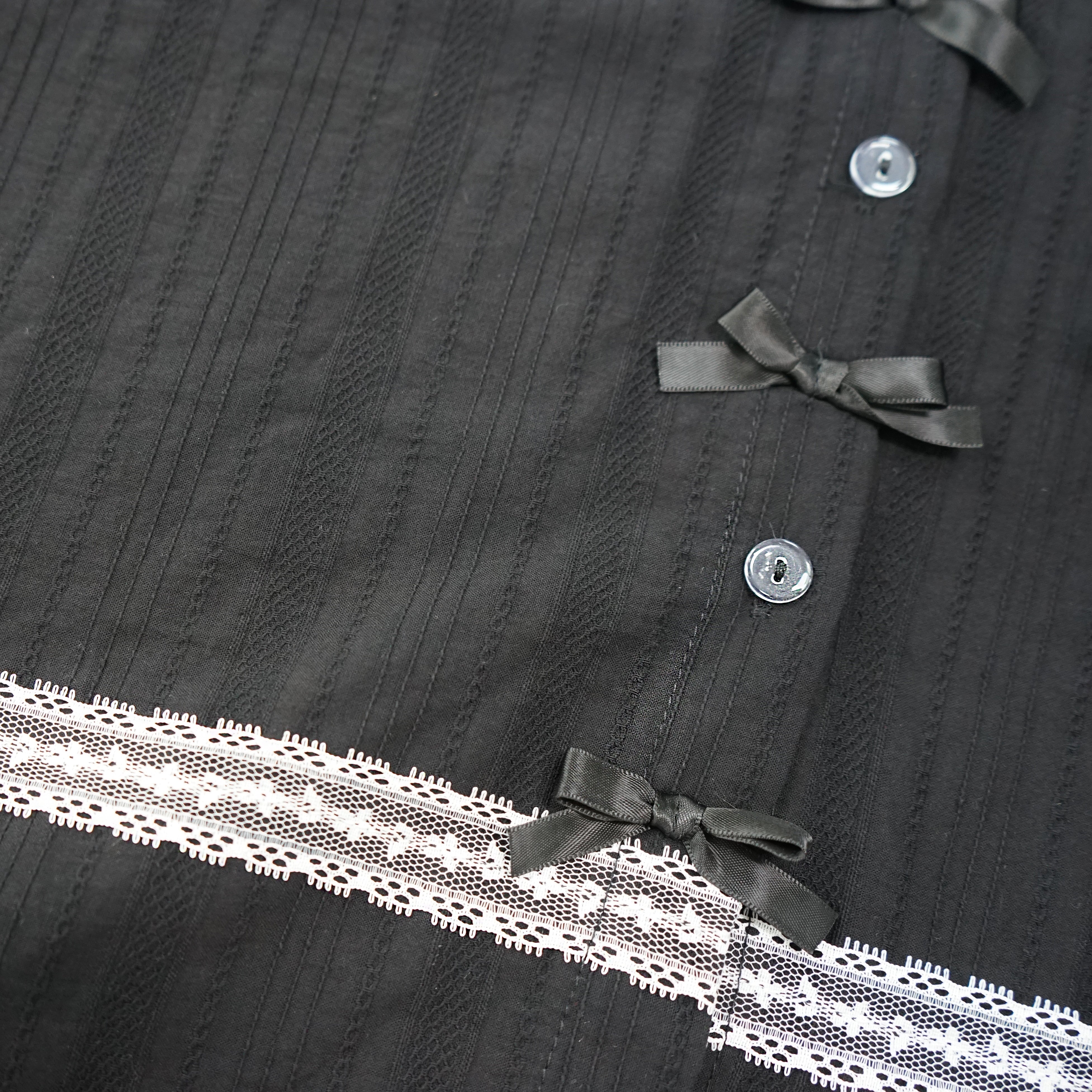 Gothic Lolita Black Blouse with Lace Collar and Bows Vintage Ruffle Long Sleeve Shirt