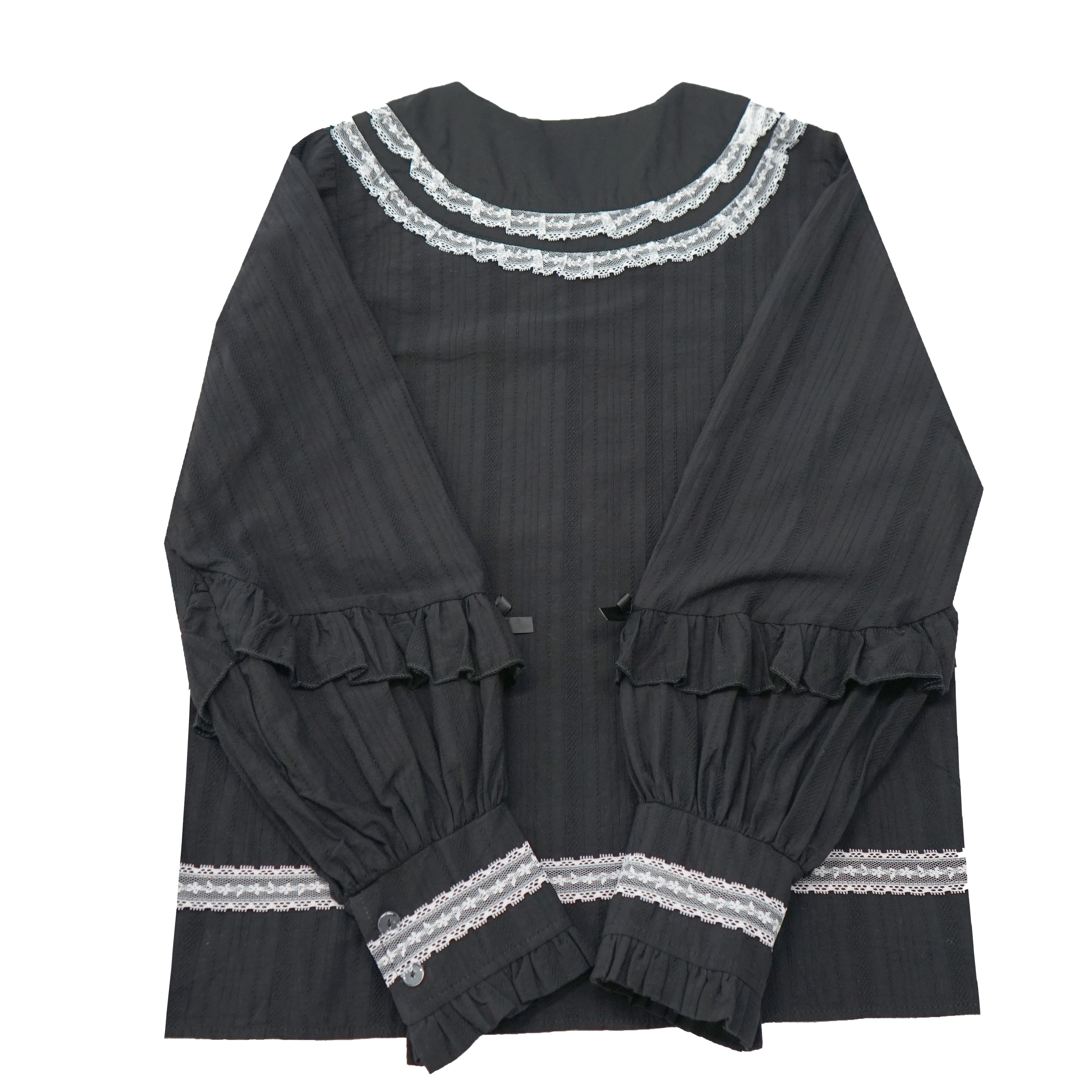 Gothic Lolita Black Blouse with Lace Collar and Bows Vintage Ruffle Long Sleeve Shirt