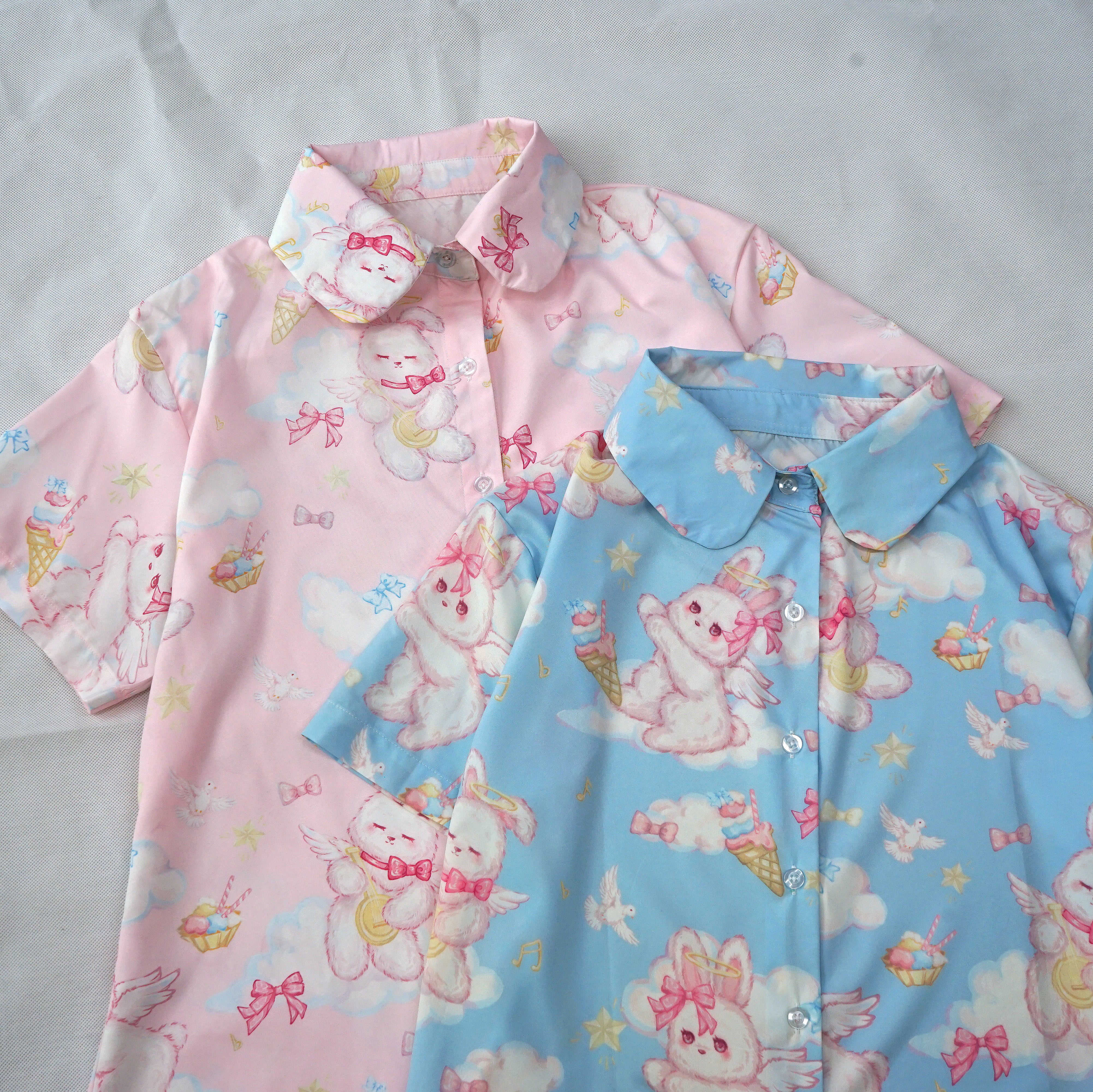 Kawaii Rabbit Angel Print Shirt Pastel Short Sleeve Blouse for Girls Harajuku J-Fashion