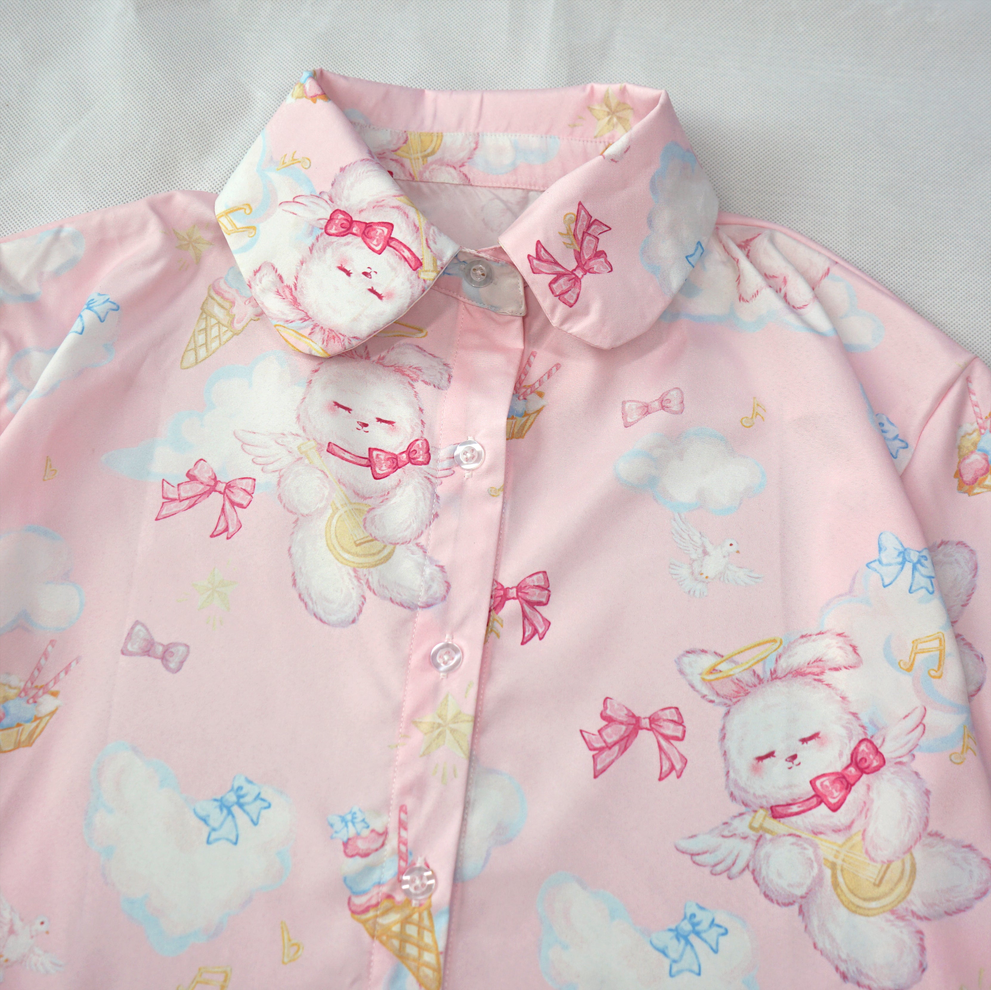 Kawaii Rabbit Angel Print Shirt Pastel Short Sleeve Blouse for Girls Harajuku J-Fashion