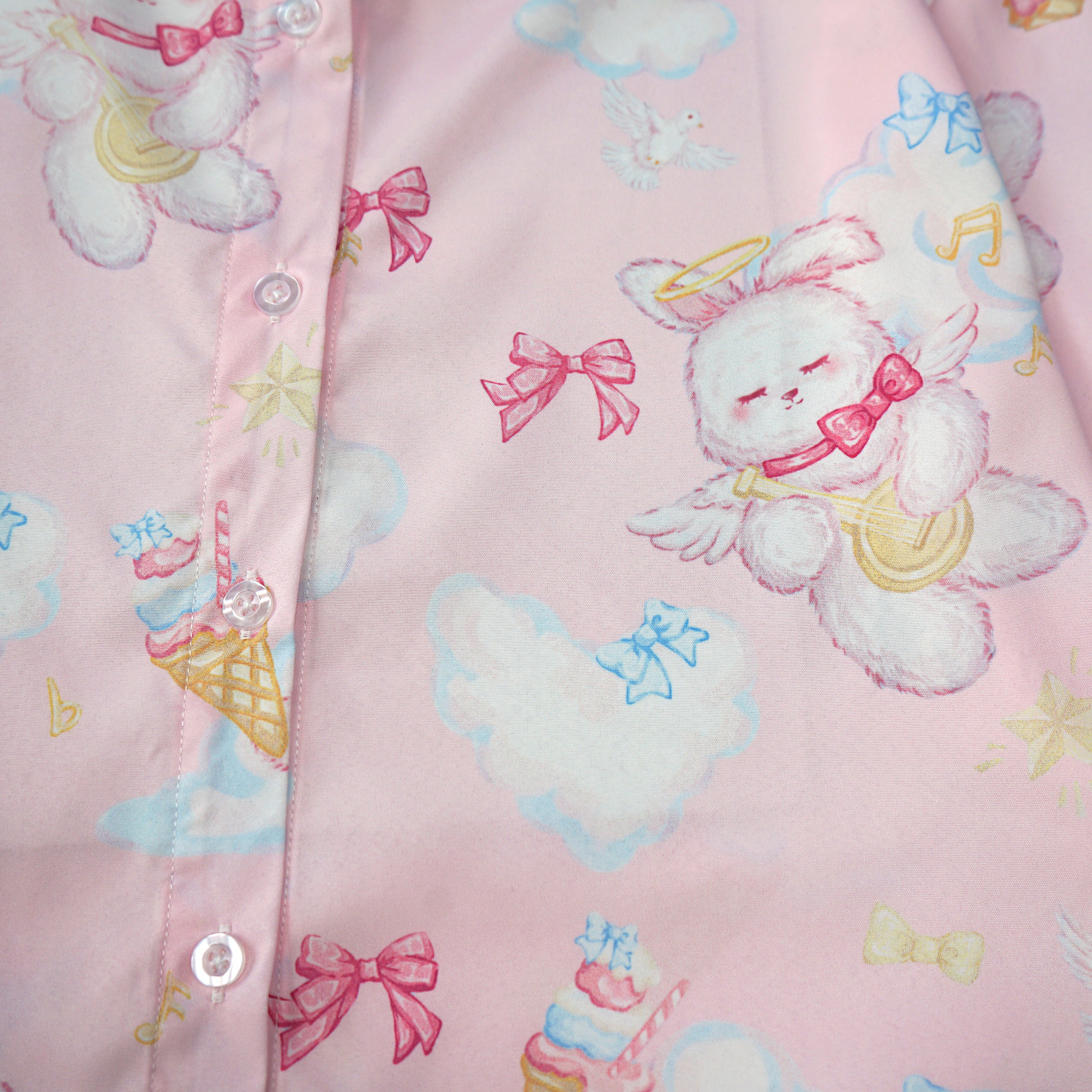 Kawaii Rabbit Angel Print Shirt Pastel Short Sleeve Blouse for Girls Harajuku J-Fashion