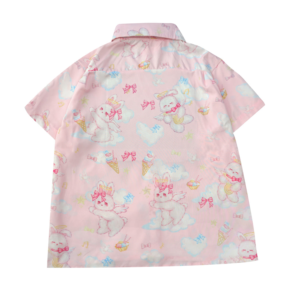 Kawaii Rabbit Angel Print Shirt Pastel Short Sleeve Blouse for Girls Harajuku J-Fashion