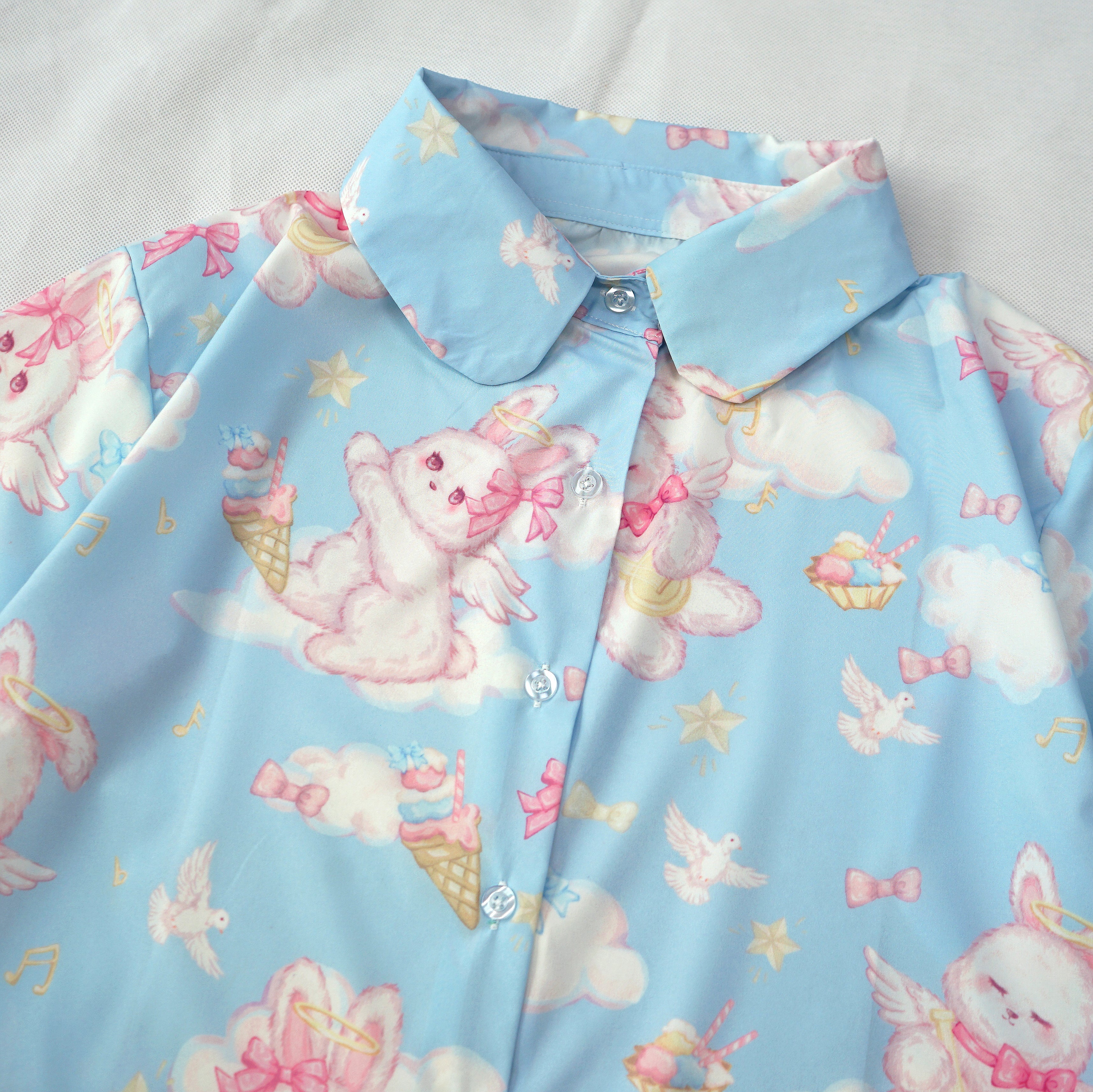 Kawaii Rabbit Angel Print Shirt Pastel Short Sleeve Blouse for Girls Harajuku J-Fashion