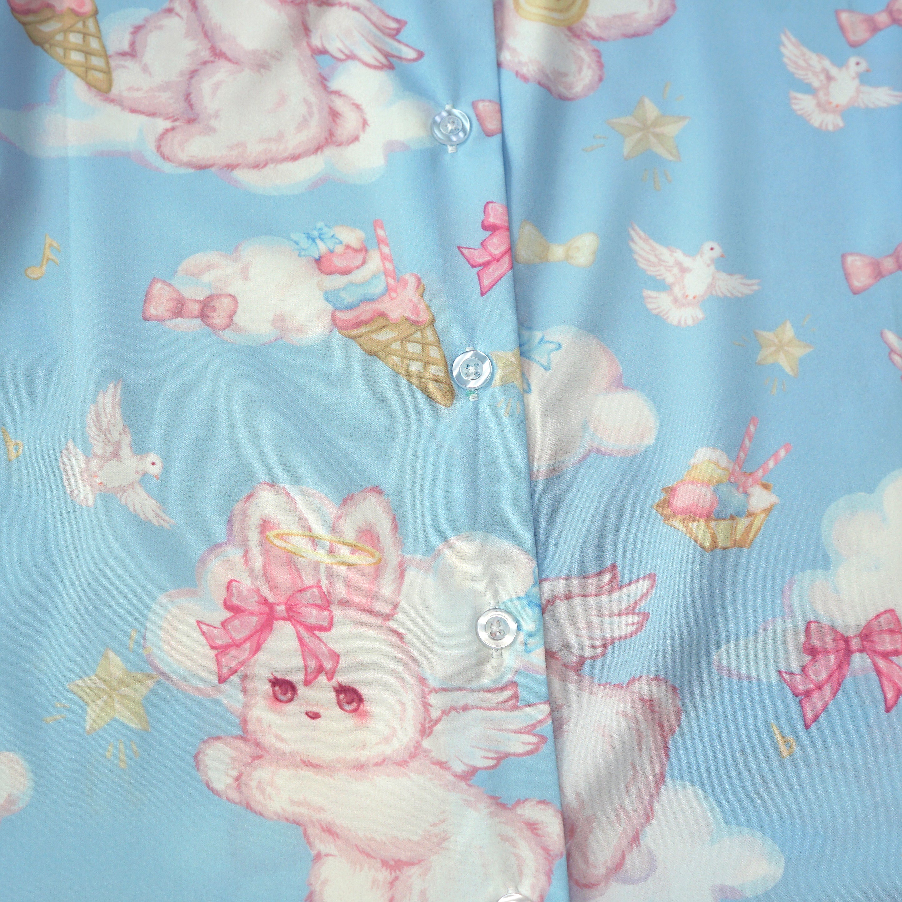 Kawaii Rabbit Angel Print Shirt Pastel Short Sleeve Blouse for Girls Harajuku J-Fashion