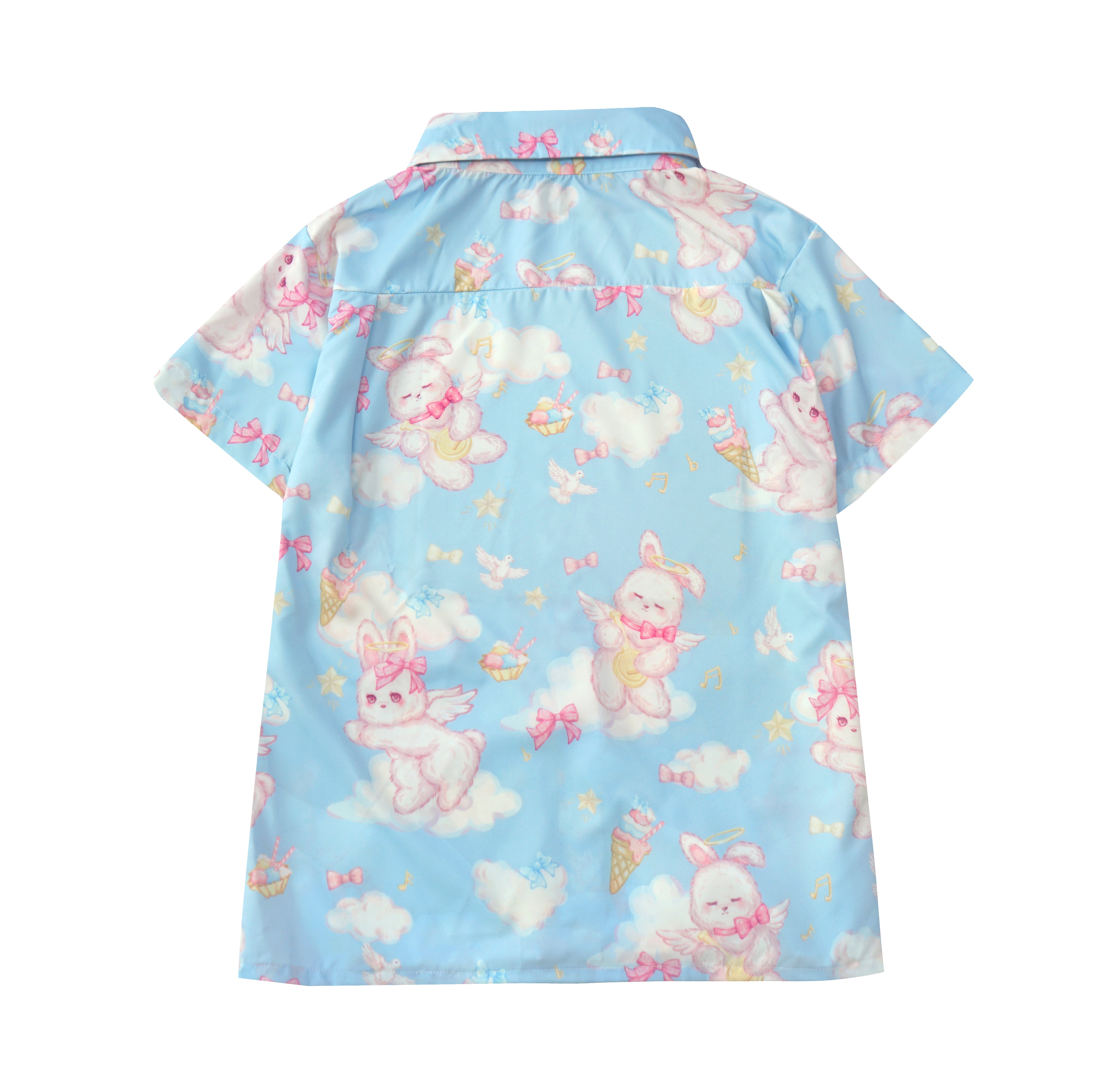 Kawaii Rabbit Angel Print Shirt Pastel Short Sleeve Blouse for Girls Harajuku J-Fashion