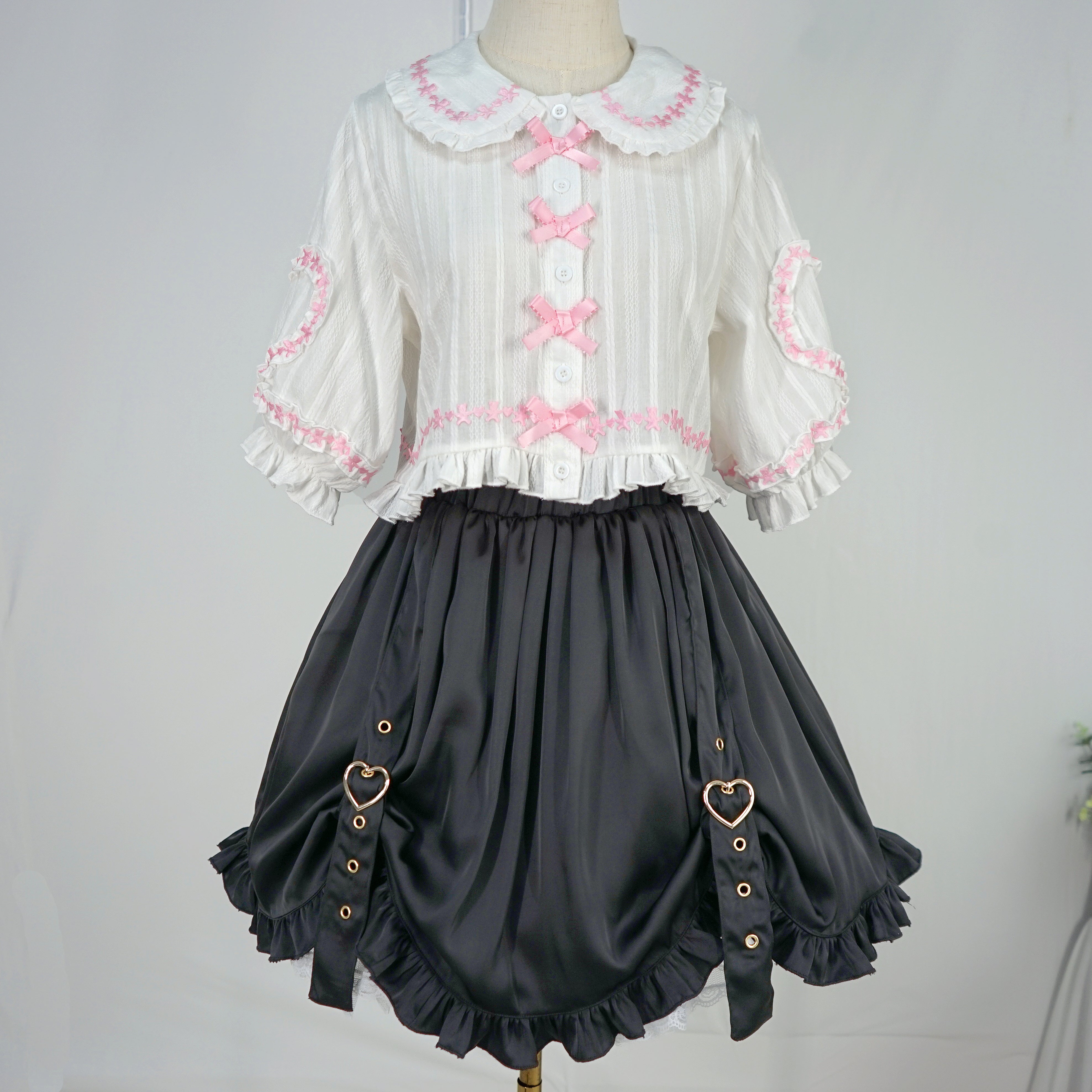 Gothic Heart Buckle Ruffle Mini Skirt Kawaii High Waist Pleated Lolita A-line Skater Skirt for Girls