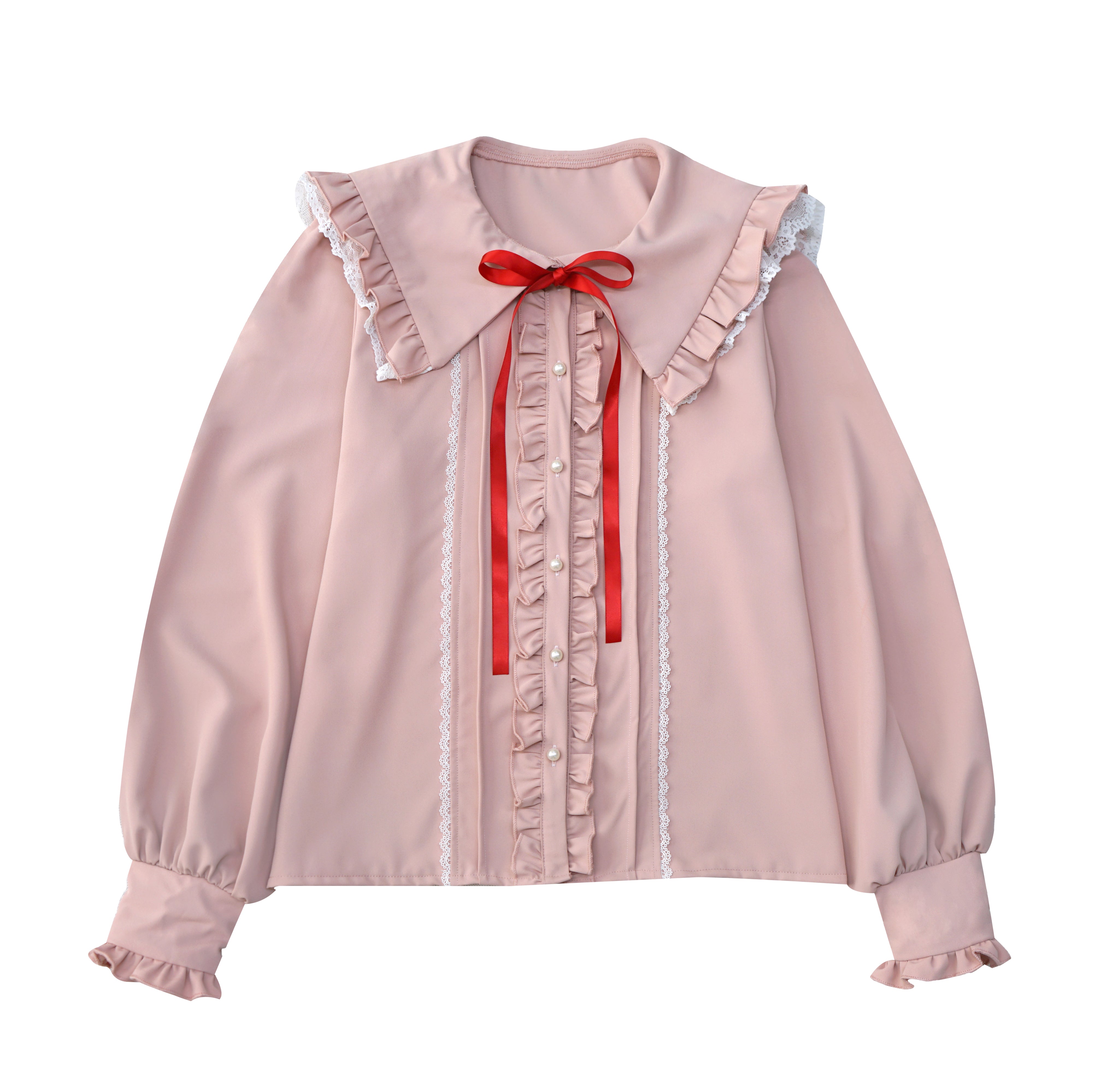 Kawaii Cat Ear Lolita Blouse with Lace Ruffles and Red Ribbon Long Sleeve Doll Collar Top