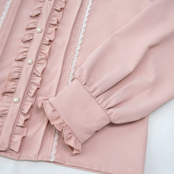 Kawaii Cat Ear Lolita Blouse with Lace Ruffles and Red Ribbon Long Sleeve Doll Collar Top