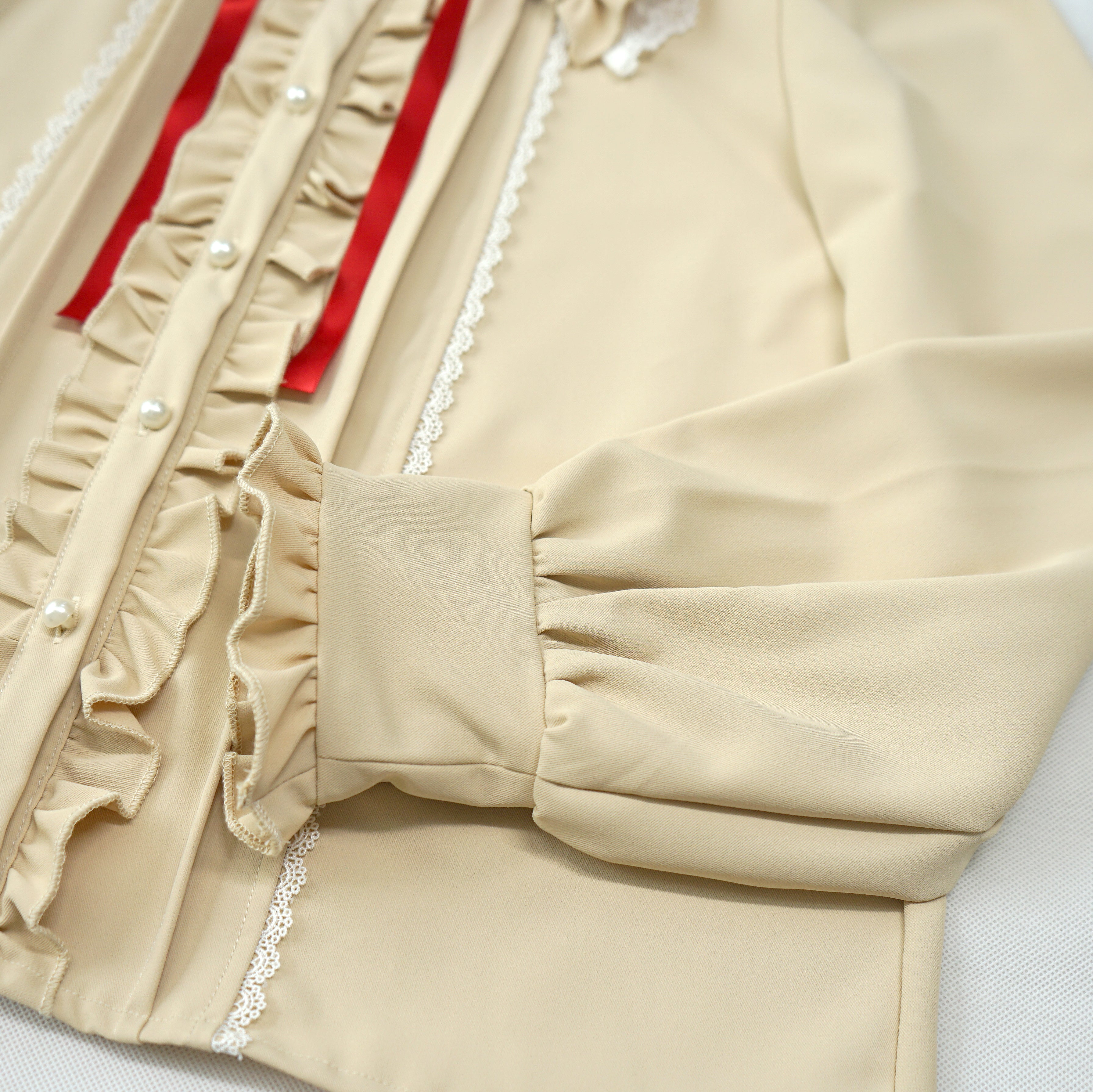 Kawaii Cat Ear Lolita Blouse with Lace Ruffles and Red Ribbon Long Sleeve Doll Collar Top