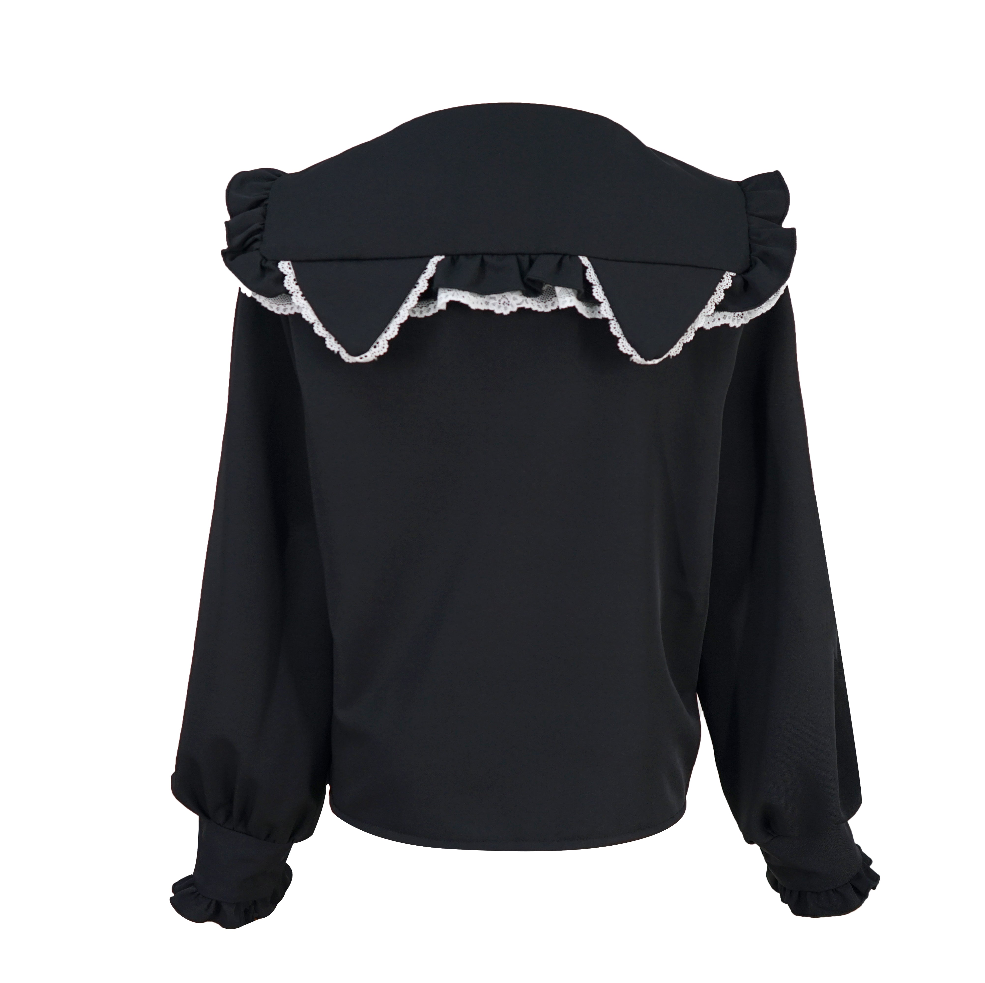 Kawaii Cat Ear Lolita Blouse with Lace Ruffles and Red Ribbon Long Sleeve Doll Collar Top